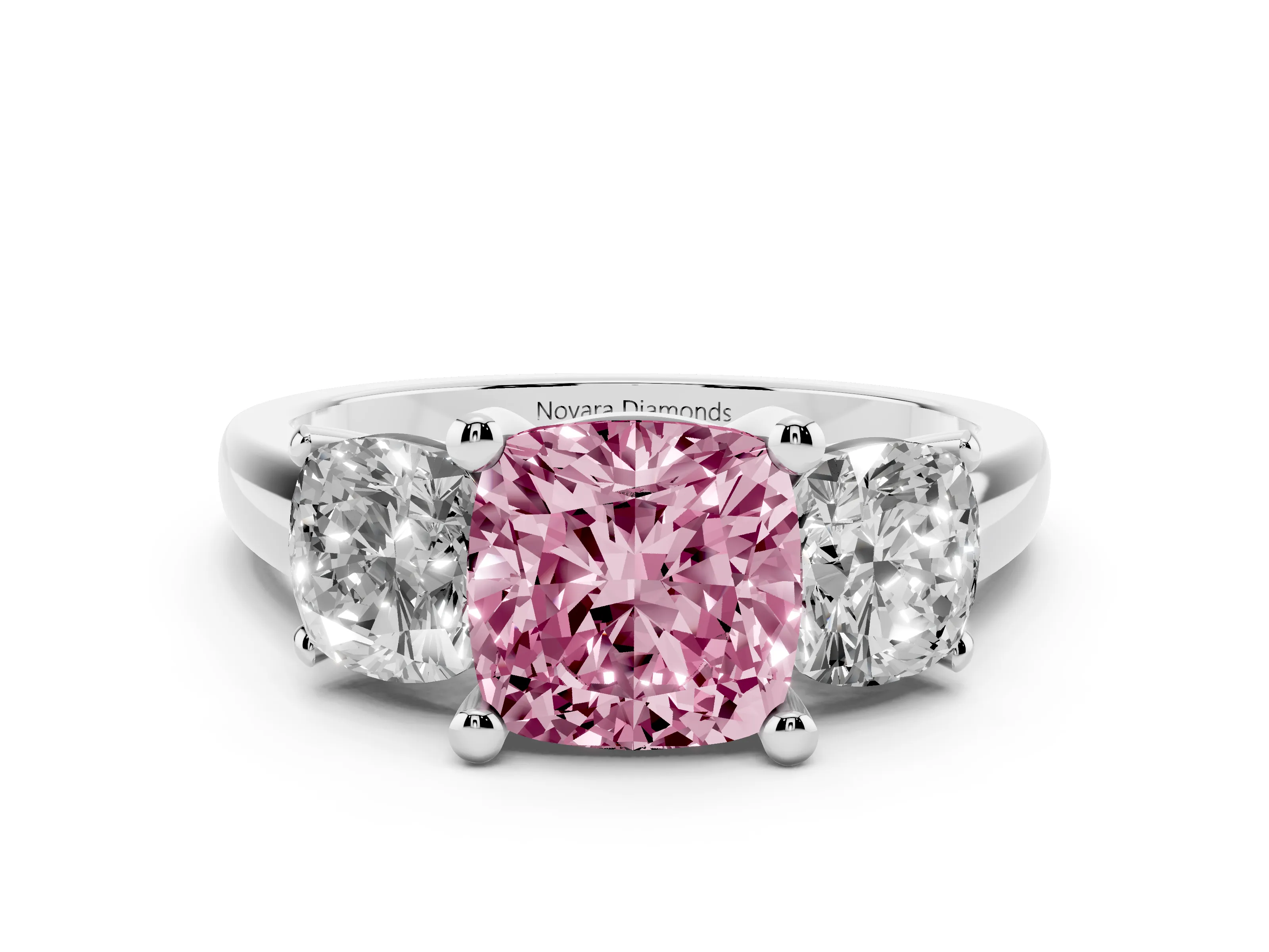 Fancy Pink Cushion Cut Diamond Three-Stone Ring Set in White gold with Classic Prong Setting and Plain Band