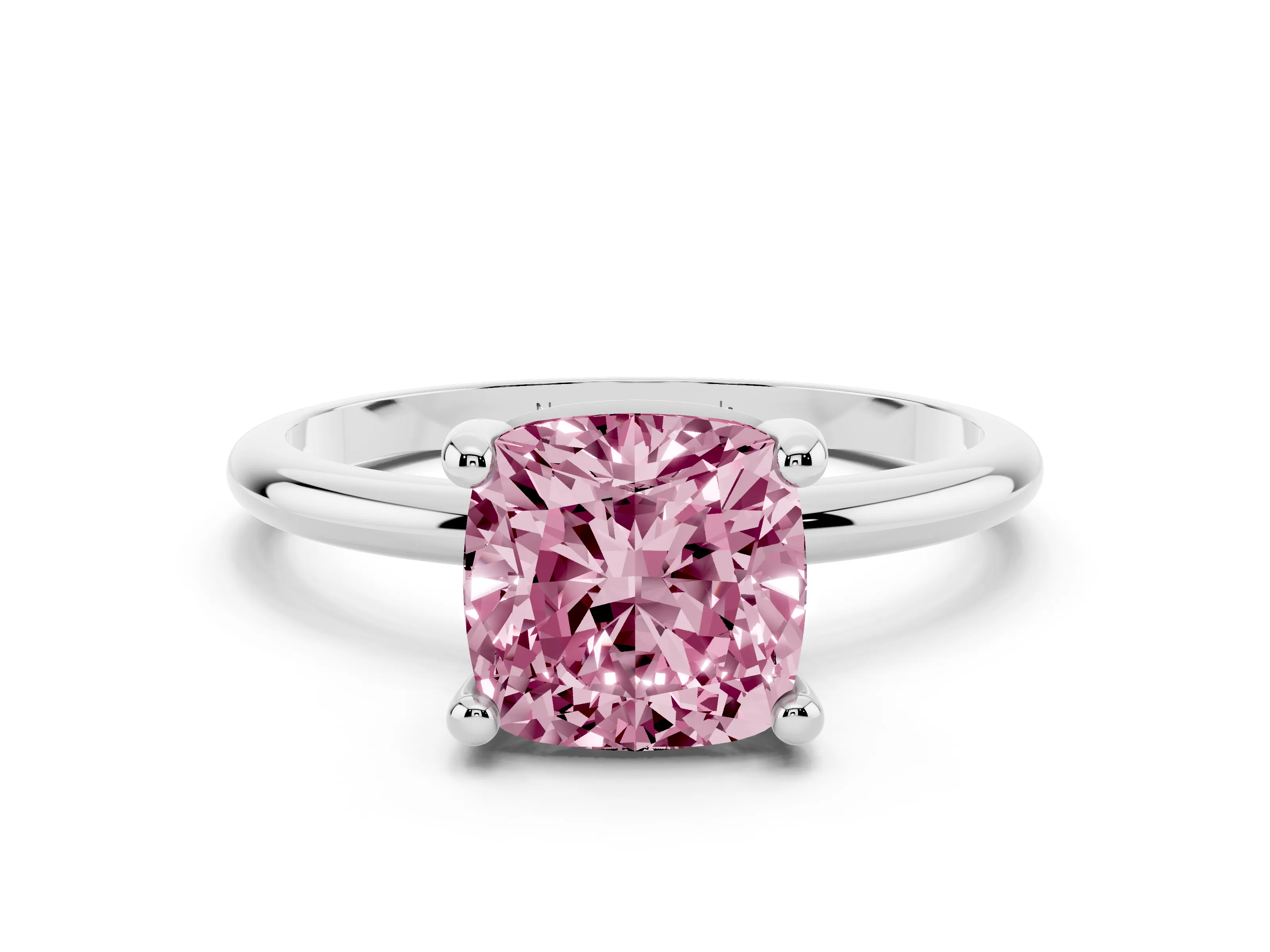 Fancy Pink Cushion Cut Diamond Solitaire Ring Set in Platinum with Secure Prong Setting on a Classic Band