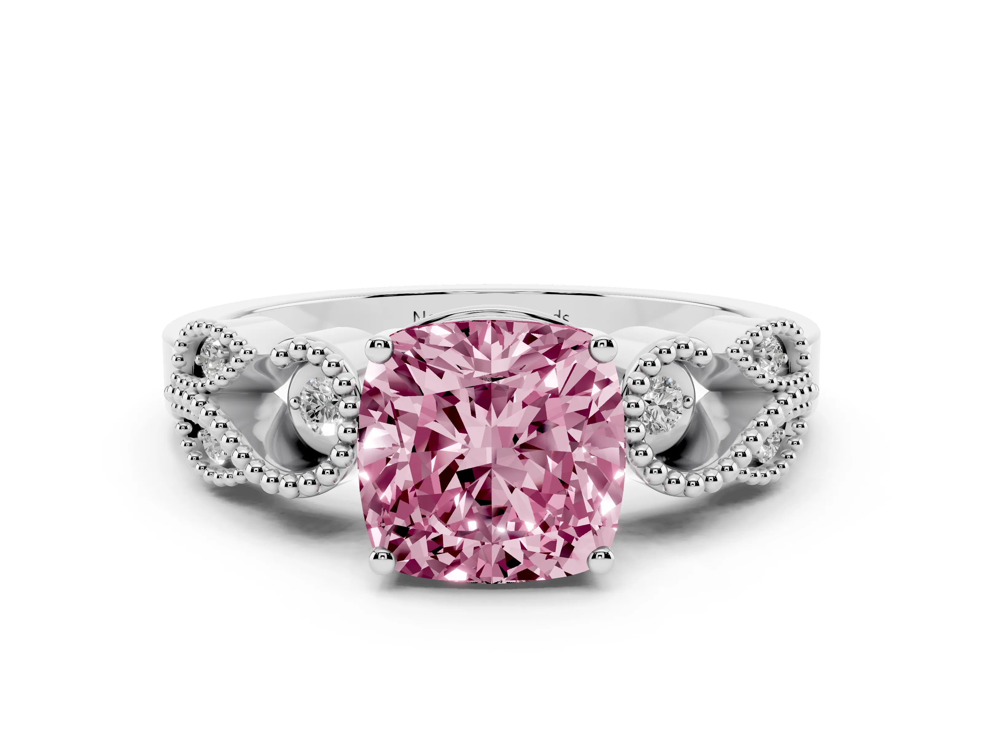 Fancy Pink Cushion Cut Diamond Milgrain Leaf Band Solitaire Ring Set in Platinum with Accent Stones and Prong Setting