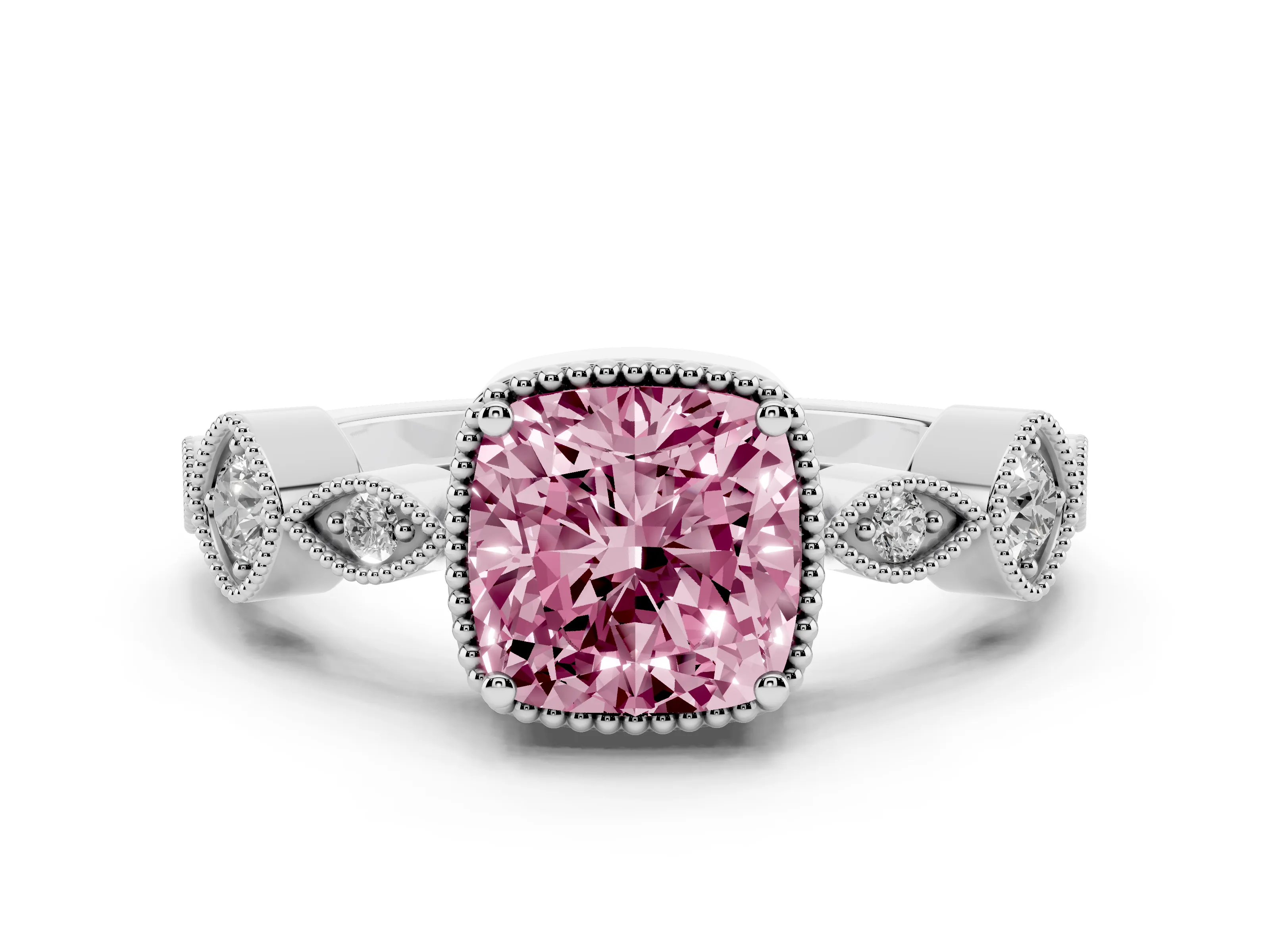 Fancy Pink Cushion Cut Diamond Vintage-Inspired Milgrain Ring Set in Platinum with Marquise Stations of Round Accents