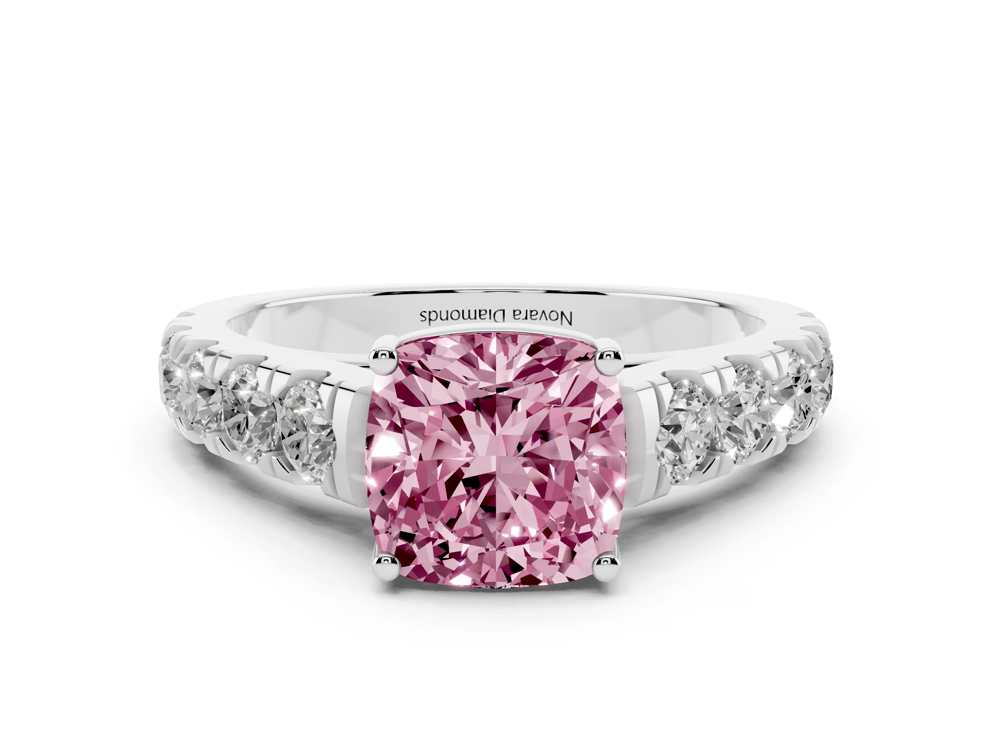 Fancy Pink Cushion Cut Diamond Solitaire Ring Set in Platinum with Cut-Down Micro Pavé Band and Prong Setting