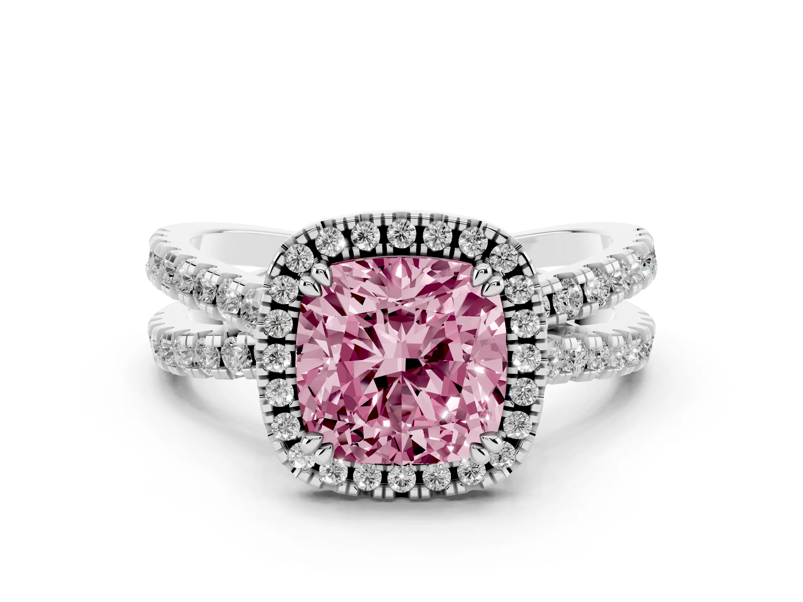 Fancy Pink Cushion Cut Diamond Halo Split Shank Ring Set in Platinum with Pavé Setting