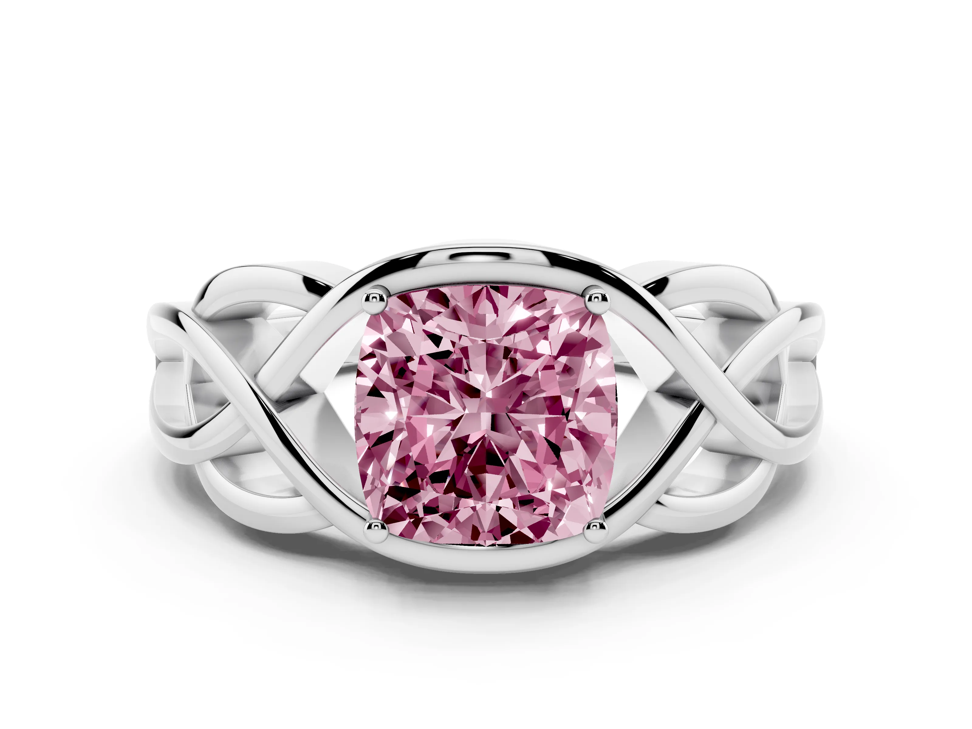 Fancy Pink Cushion Cut Diamond Solitaire Ring Set in Silver with Intertwined Band