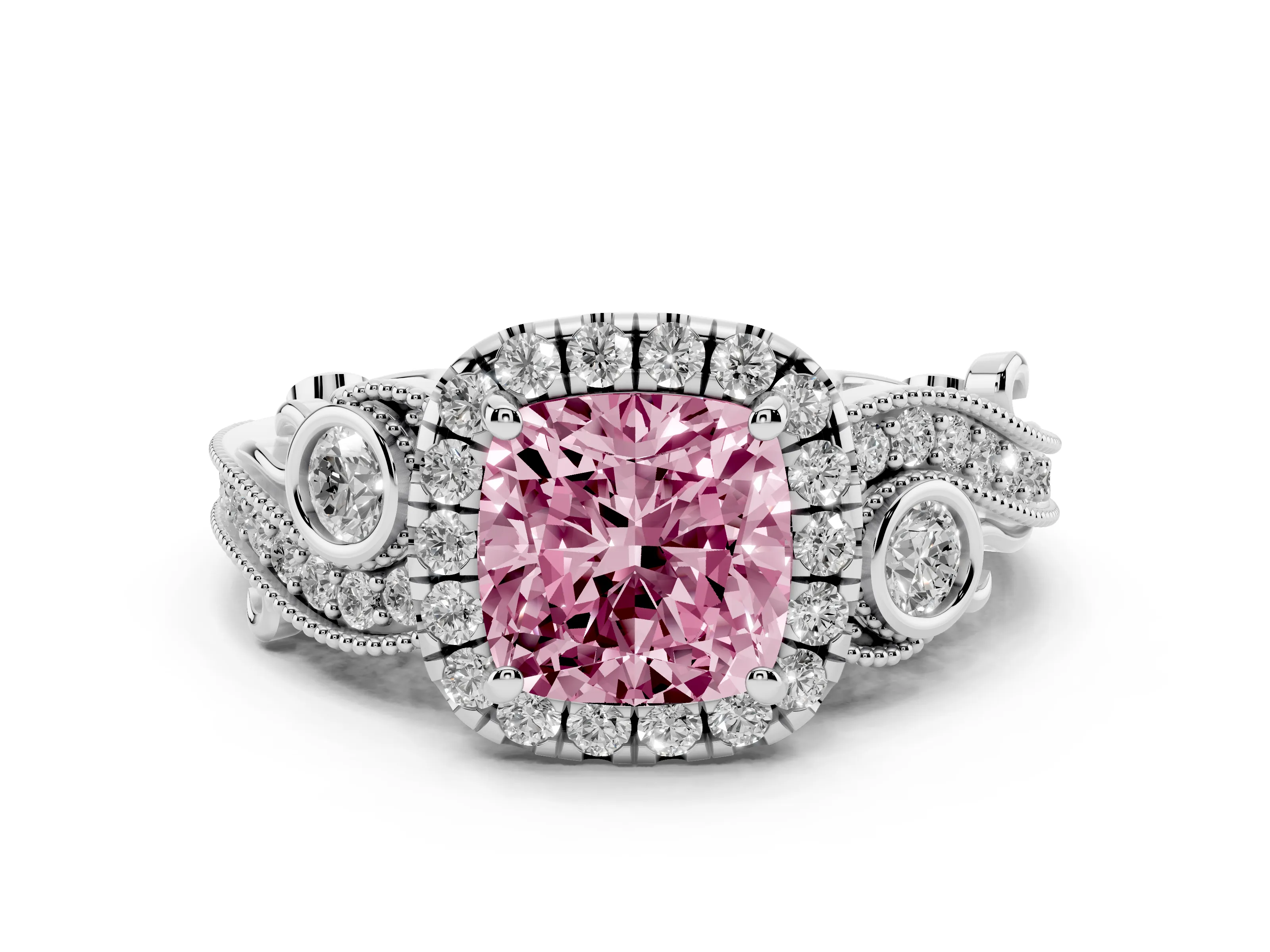 Fancy Pink Cushion Cut Diamond Halo Ring Set in Platinum with Milgrain Pavé Band and Prong Setting