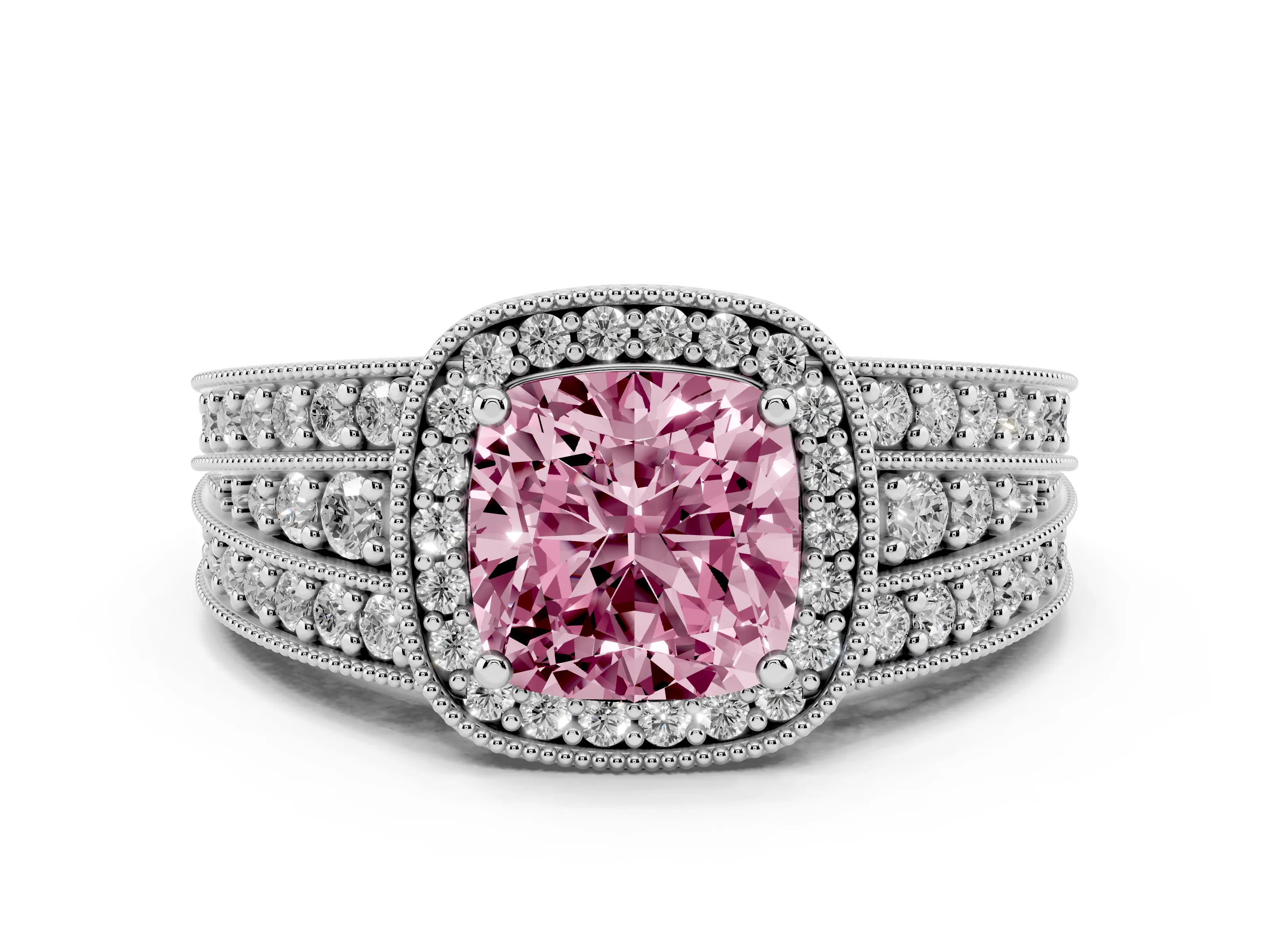Fancy Pink Cushion Cut Diamond Halo Ring Set in Silver with Accent Split Shank and Prong Setting