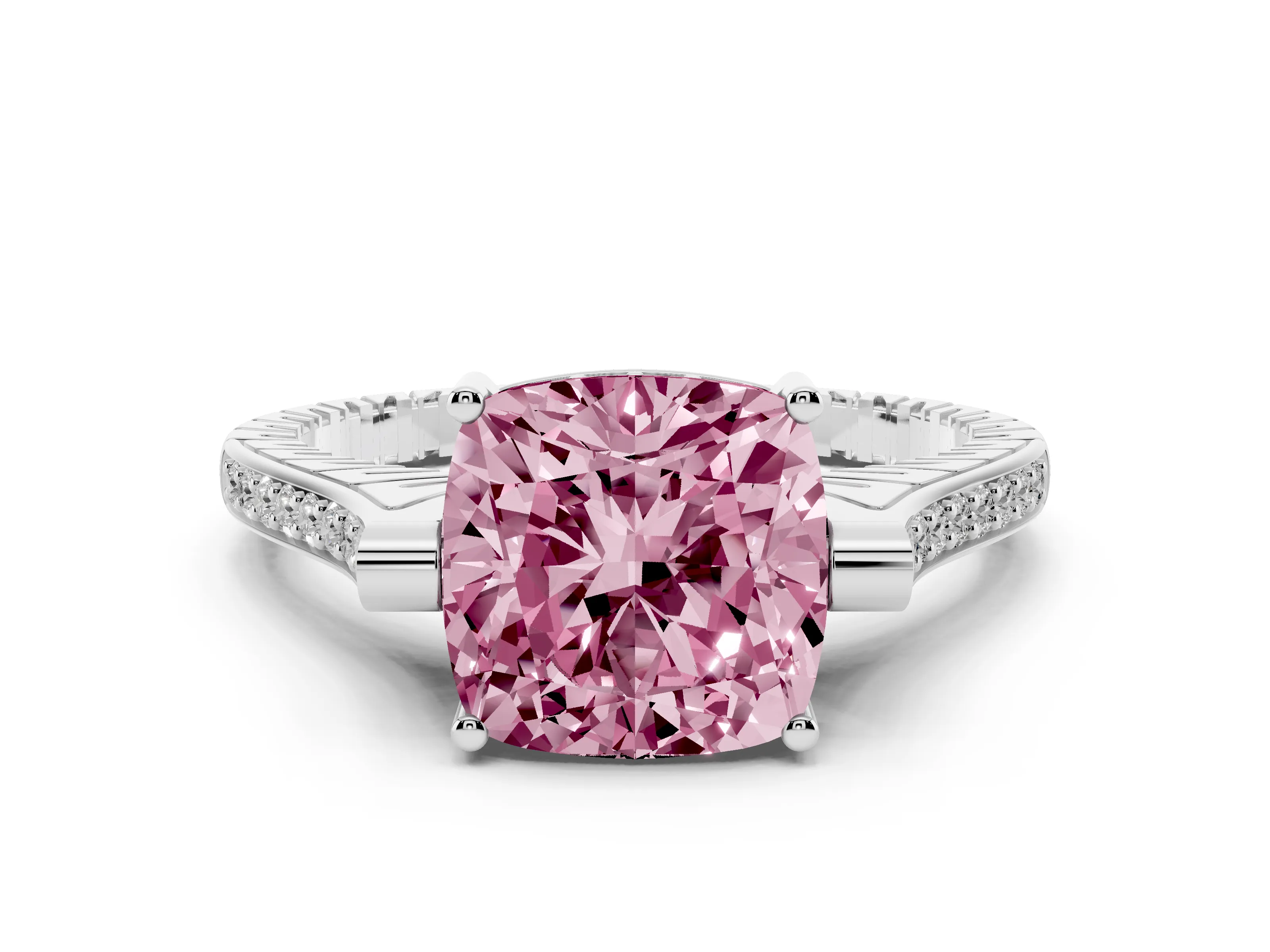 Fancy Pink Cushion Cut Diamond Solitaire Ring Set in Platinum with Channel Set Band and Bezel Prong Setting