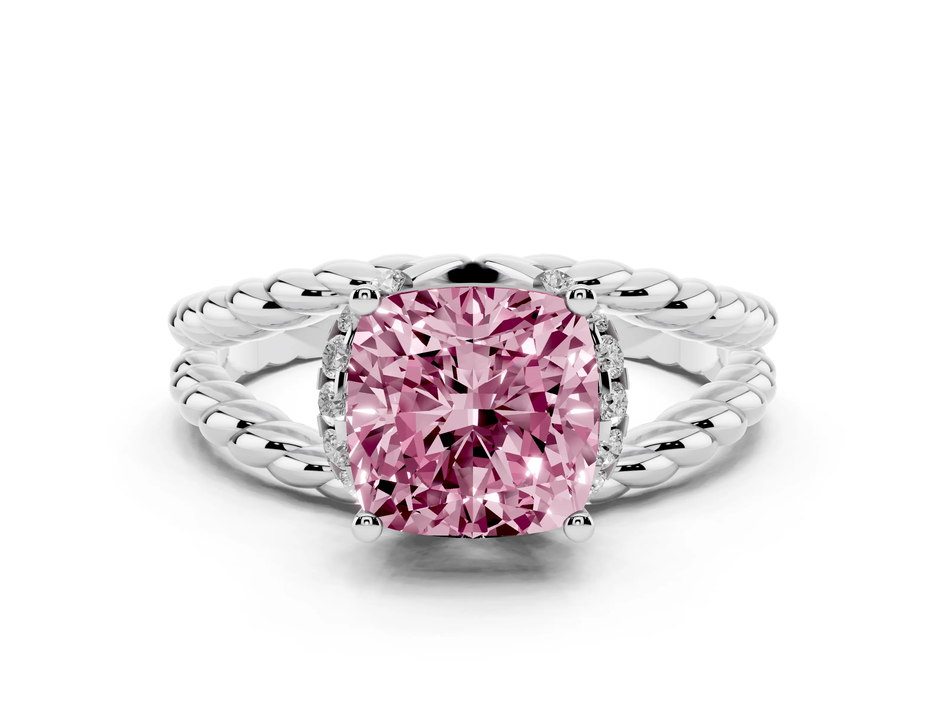 Fancy Pink Cushion Cut Diamond Halo Ring Set in Platinum with Twisted Band and Prong Setting