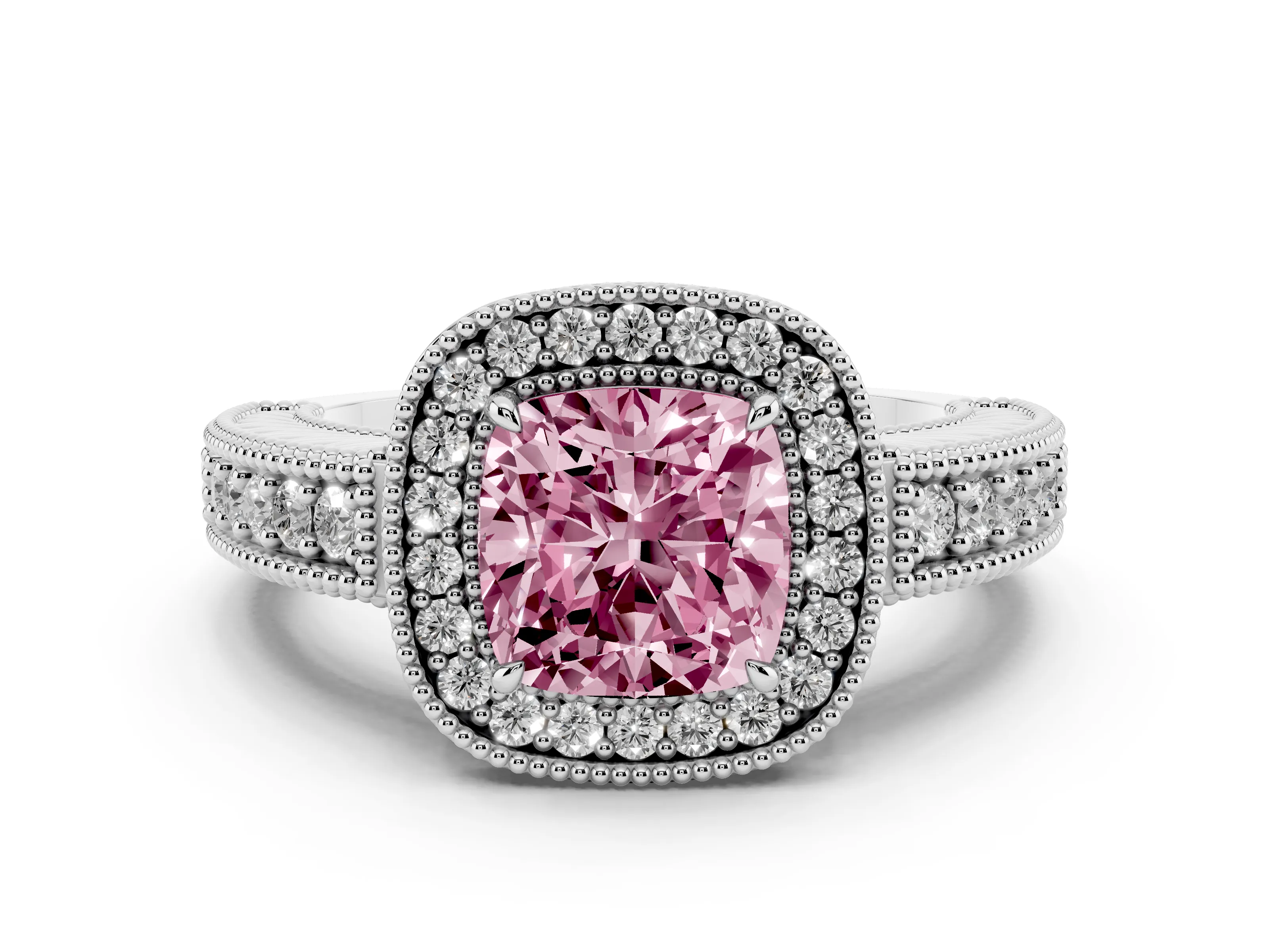 Fancy Pink Cushion Cut Diamond Halo Ring Set in Platinum with Round Accent Halo, Pavé Band and Prong Setting