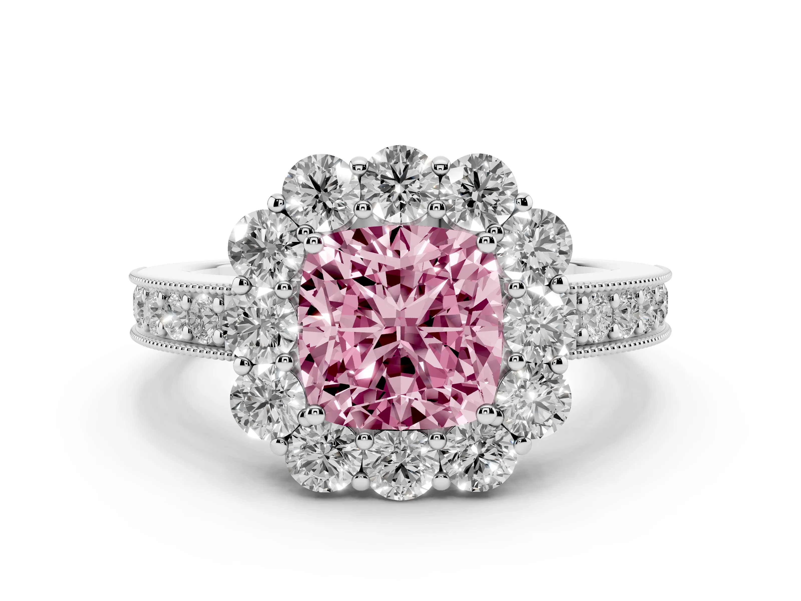 Fancy Pink Cushion Cut Diamond Halo Pavé Engagement Ring Set in White gold with Milgrain Detailing