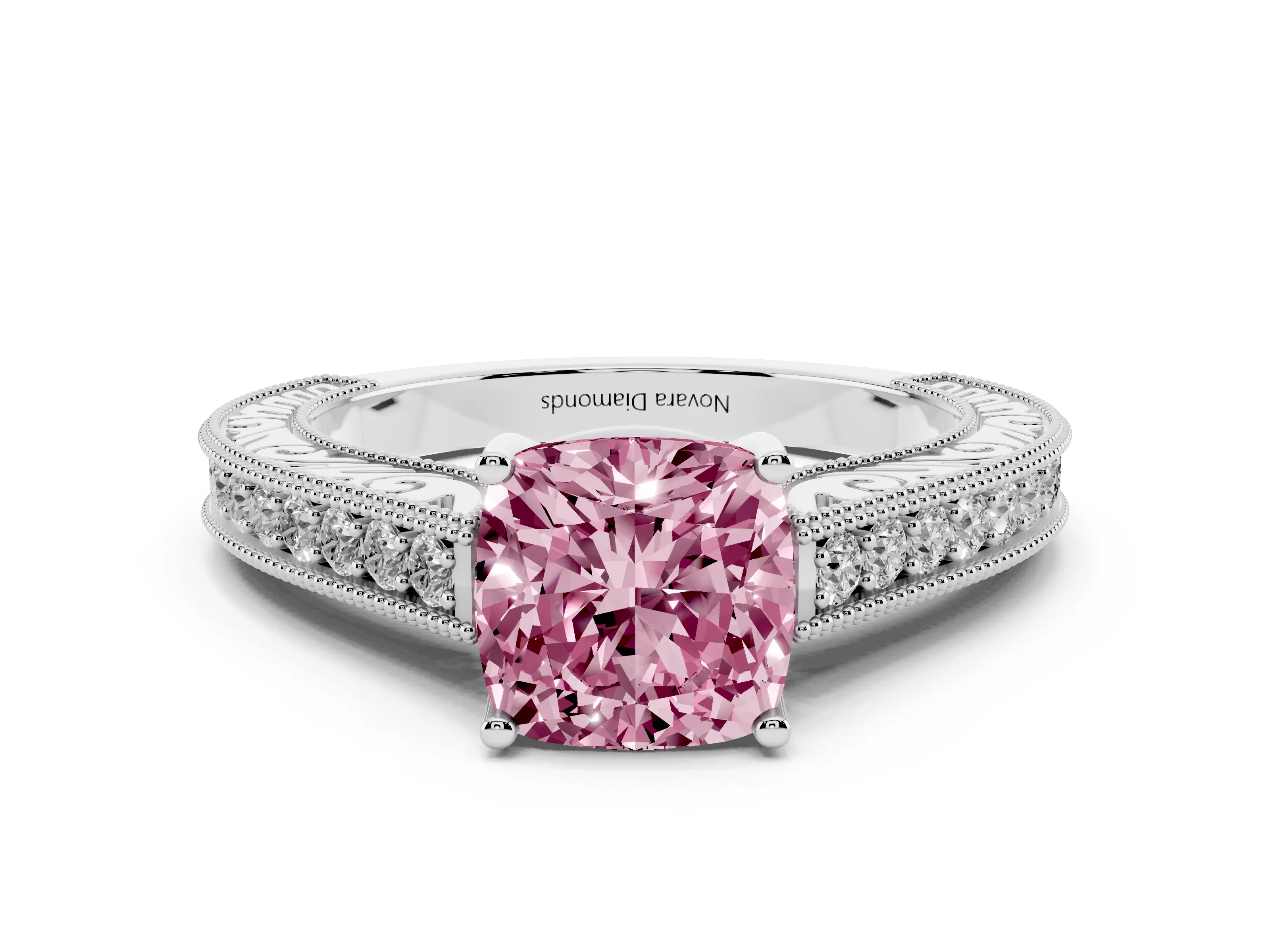 Fancy Pink Cushion Cut Diamond Milgrain Pavé Band Solitaire Ring Set in White gold with Prong Setting