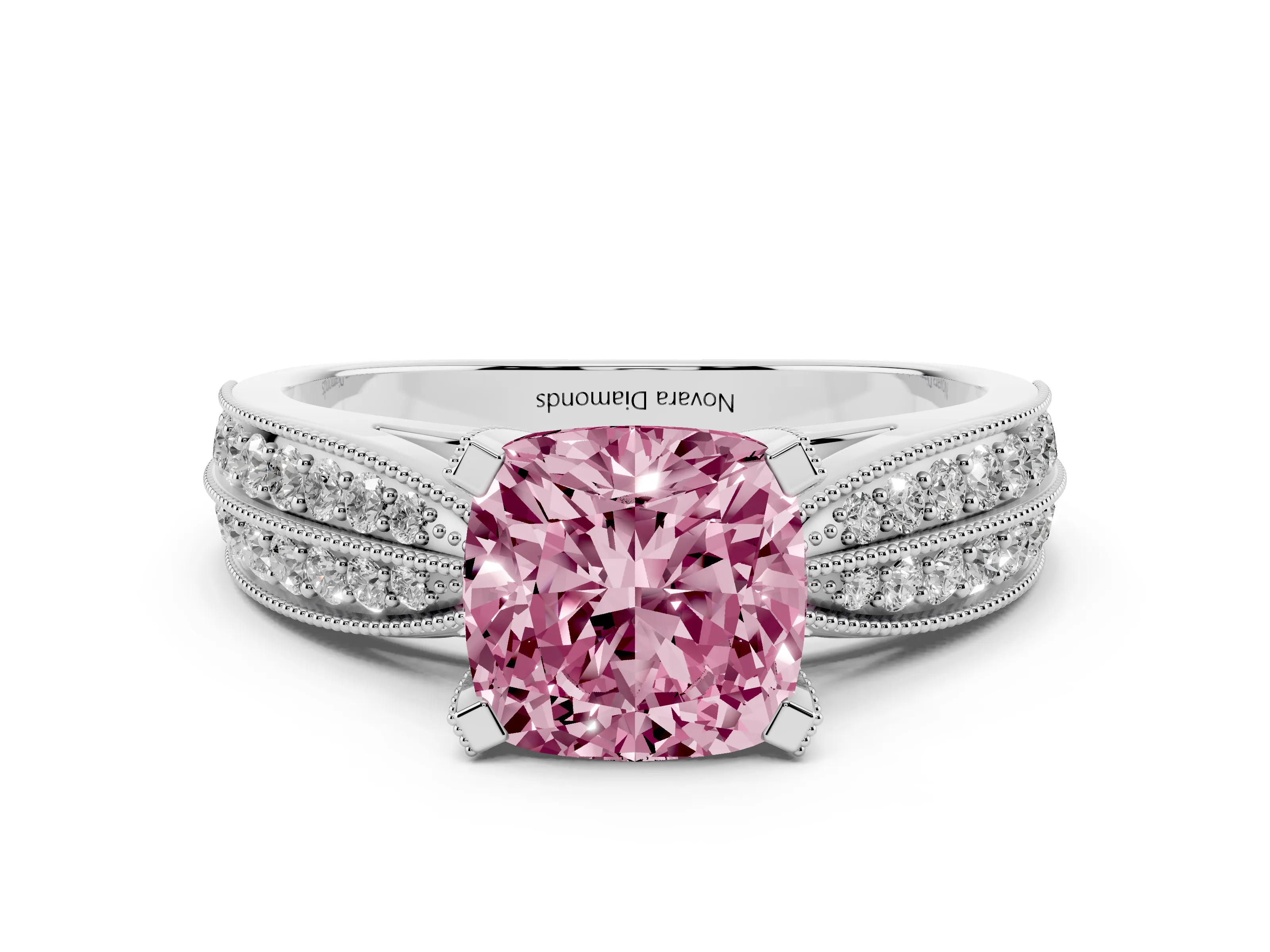 Fancy Pink Cushion Cut Diamond Solitaire Ring Set in Platinum with Milgrain Double Row Round Pavé Band