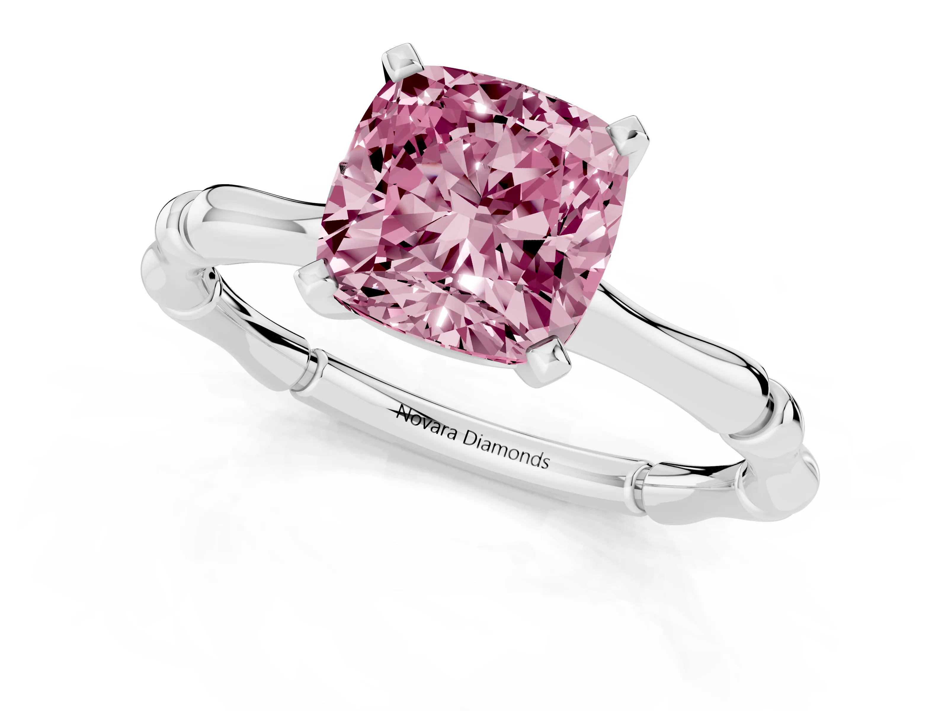 Fancy Pink Cushion Cut Diamond Solitaire Ring Set in Silver with Bamboo Band and Prong Setting