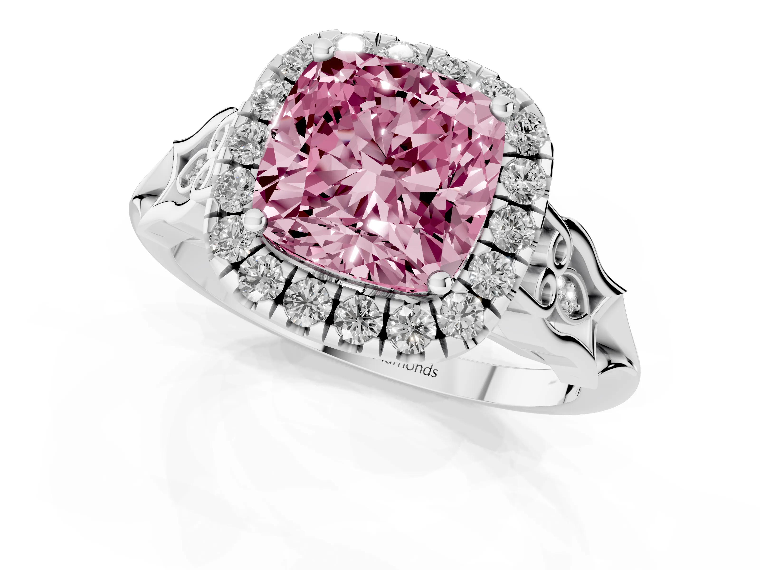 Fancy Pink Cushion Cut Diamond Halo Engagement Ring Set in Platinum with Filigree Band and Prong-Set Center