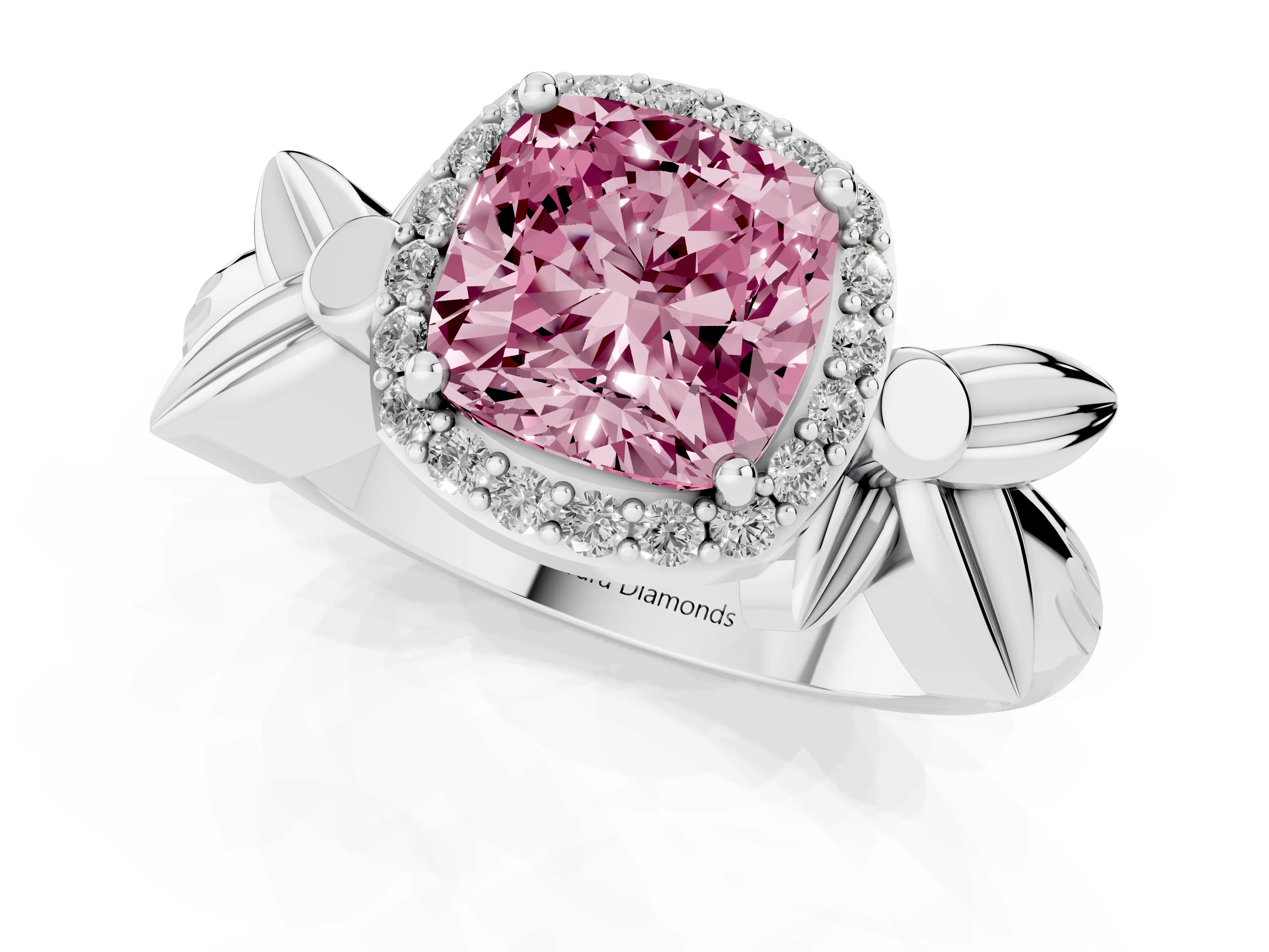 Fancy Pink Cushion Cut Diamond Halo Floral Band Ring Set in Platinum with Prong Setting