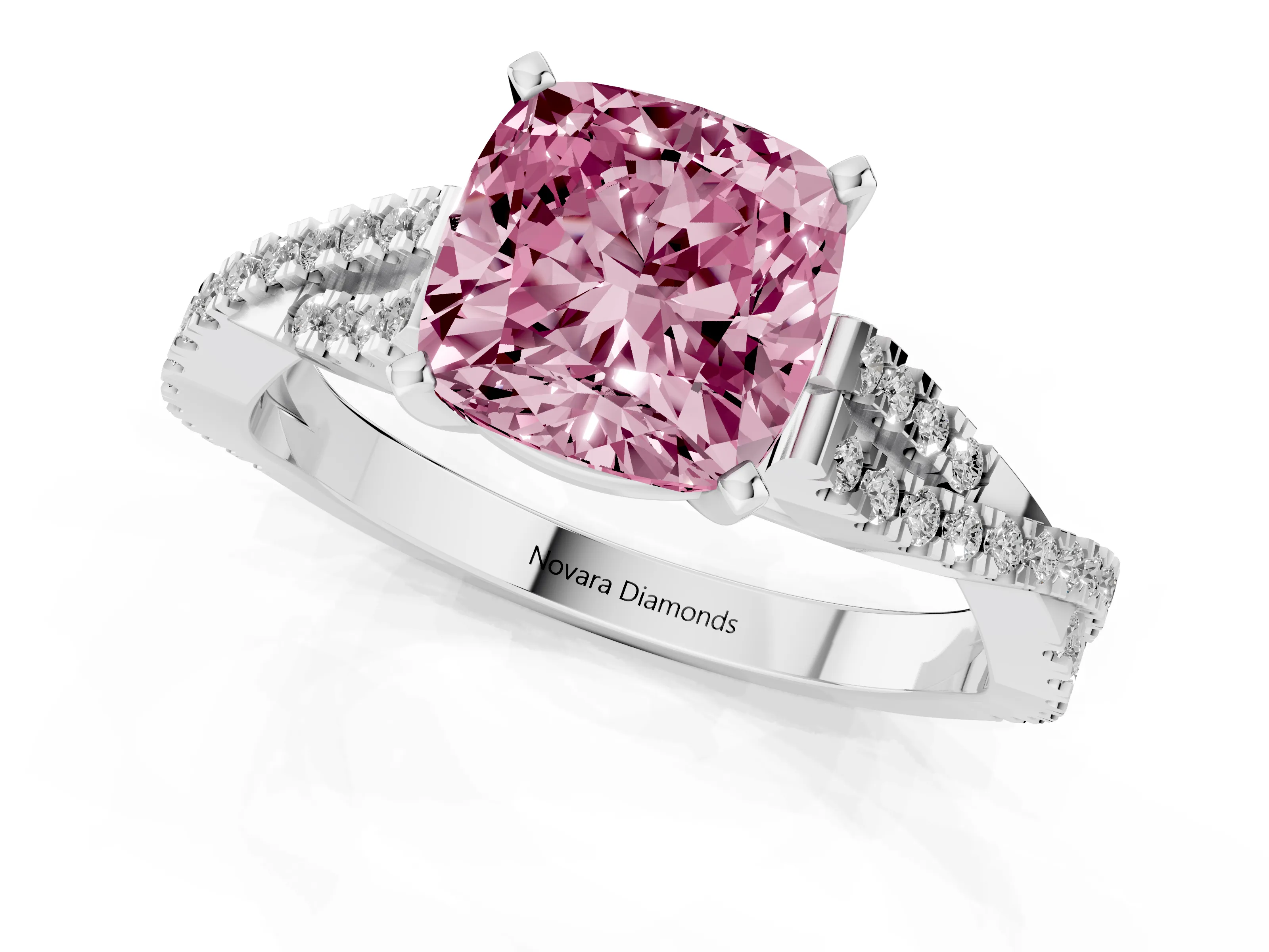 Fancy Pink Cushion Cut Diamond Solitaire Engagement Ring Set in Platinum with Twisted Pavé Band and Prong Setting