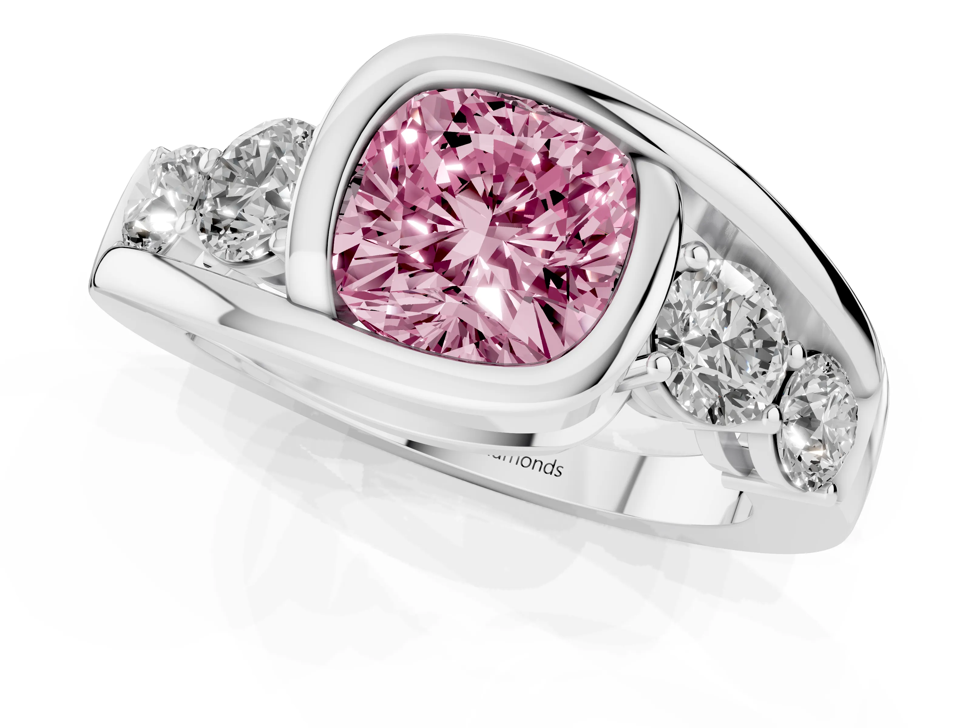 Fancy Pink Cushion Cut Diamond Bezel Bypass Ring Set in Silver with Round Accents