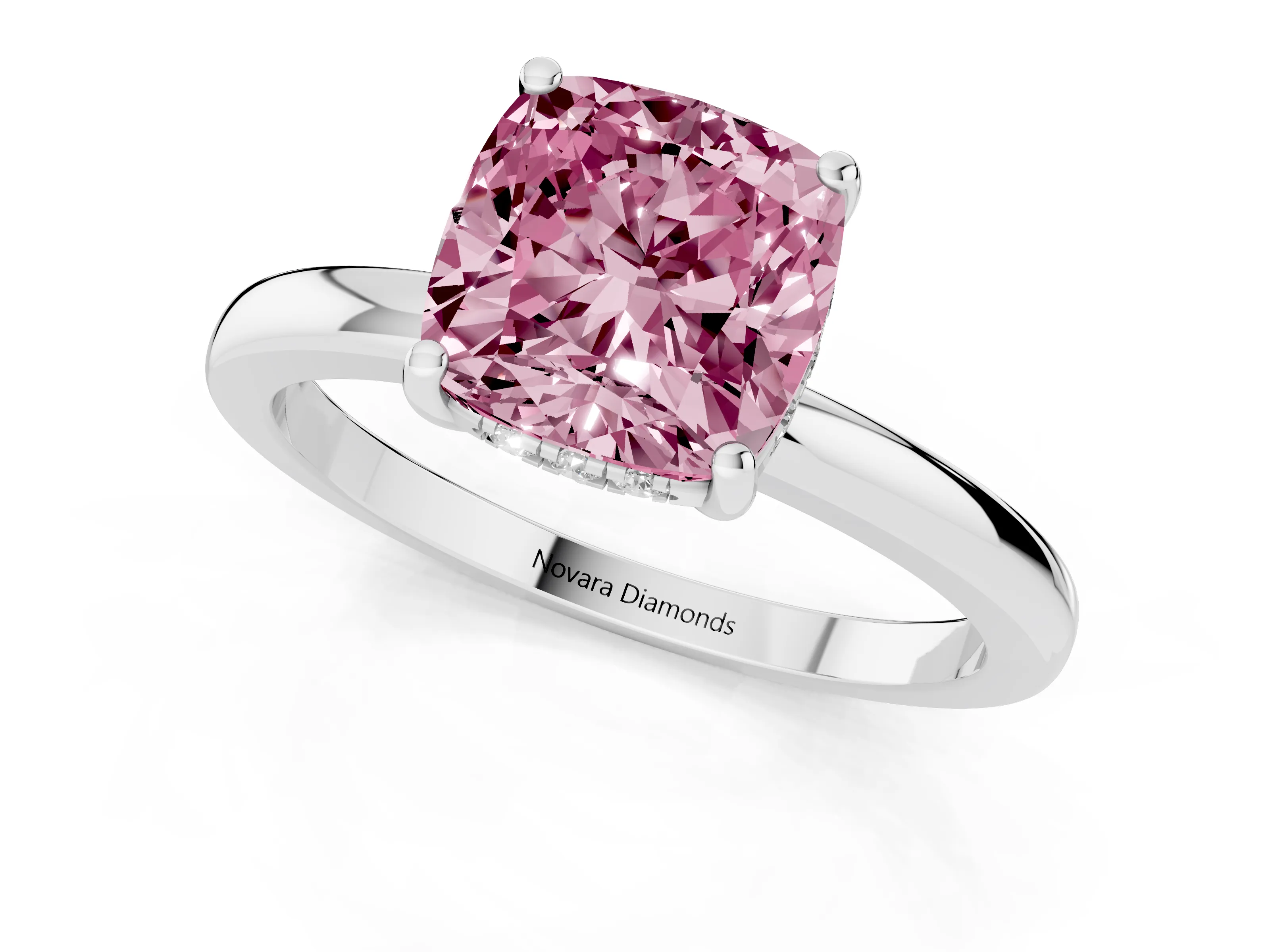 Fancy Pink Cushion Cut Diamond Solitaire Ring Set in Silver with Plain Band and Prong Setting