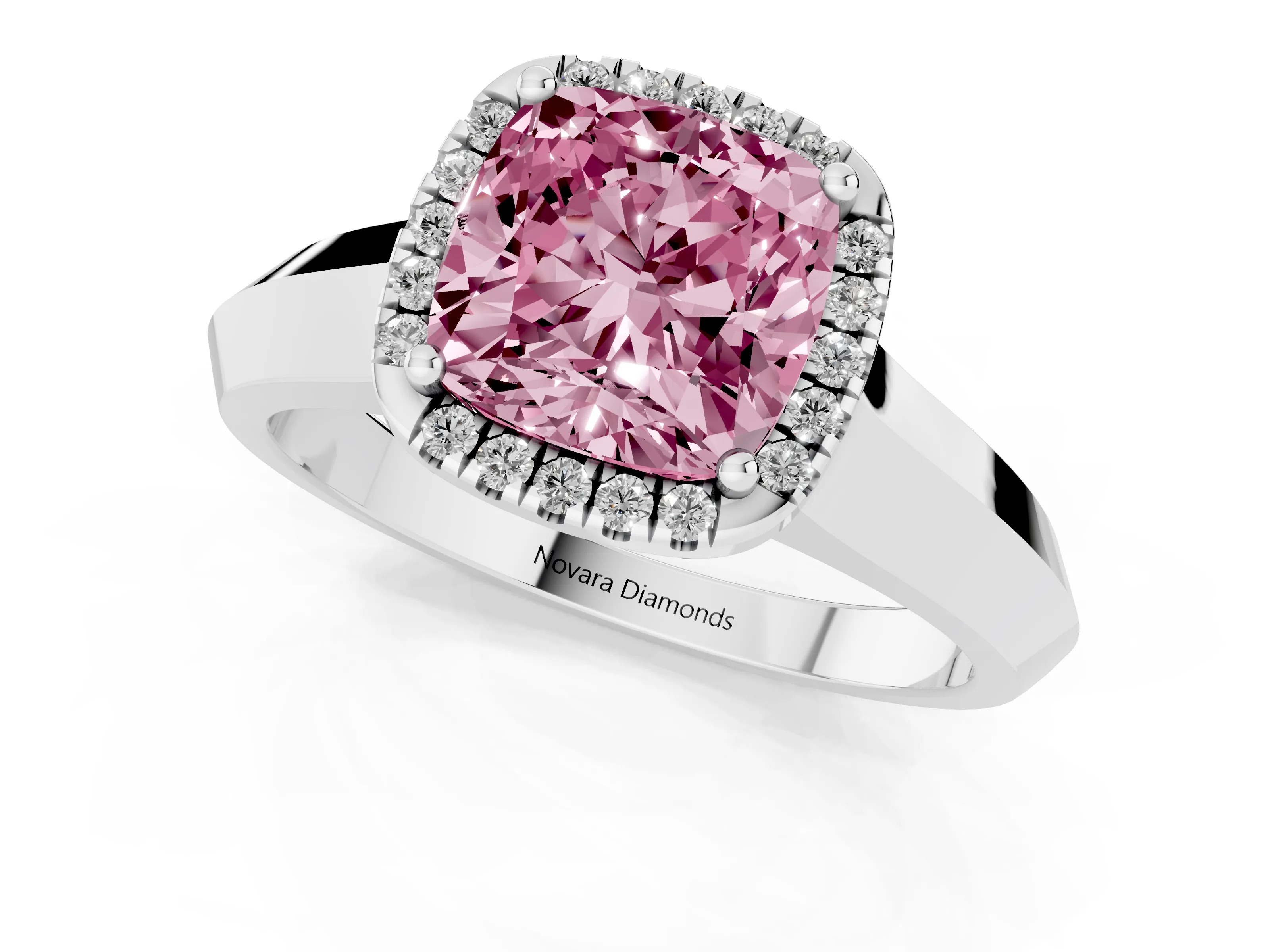 Fancy Pink Cushion Cut Diamond Halo Ring Set in Platinum with Cathedral Band and Prong Setting