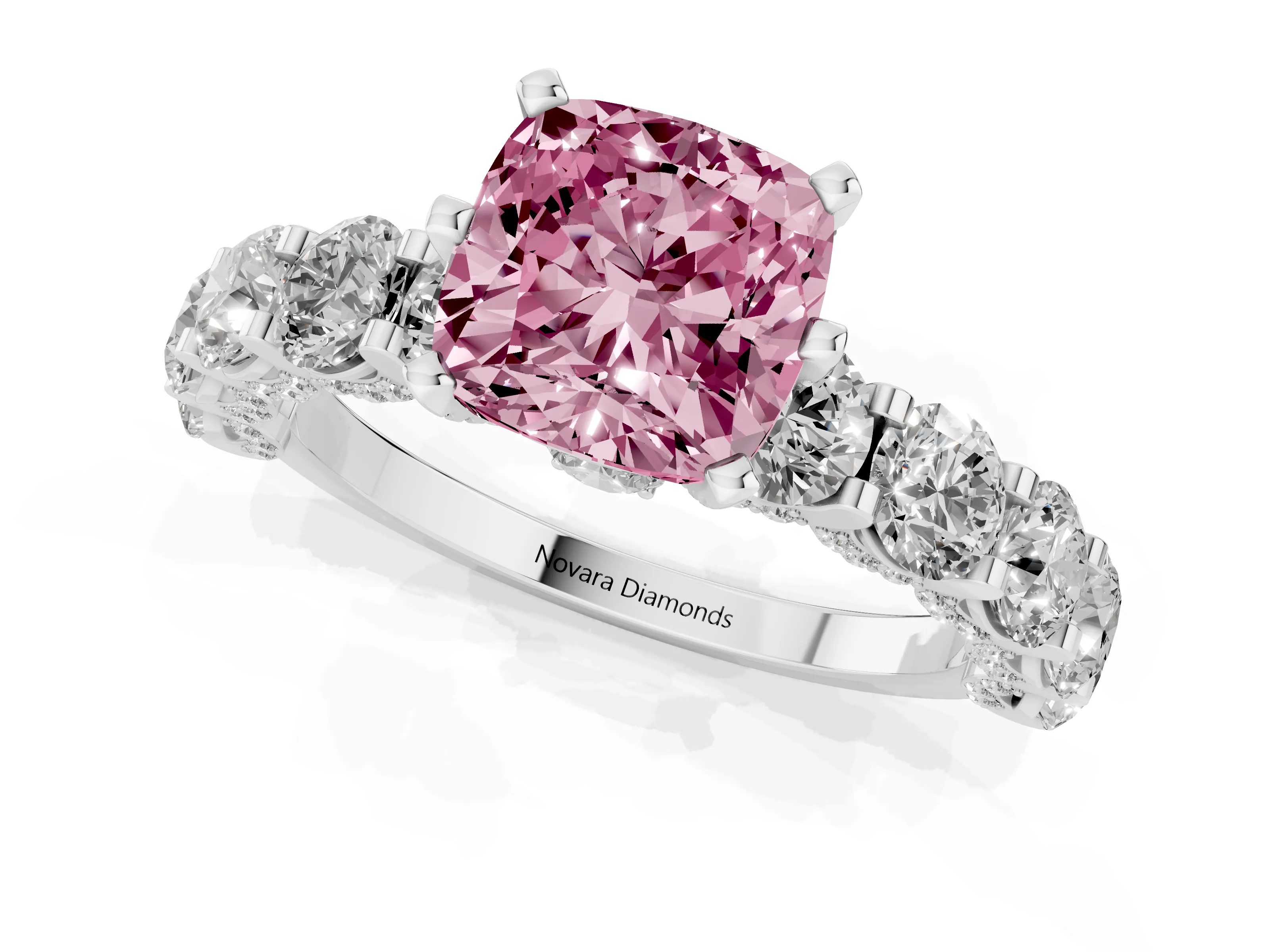 Fancy Pink Cushion Cut Diamond Side Stone Ring Set in Silver with Alternating Round and Oval Side Stones