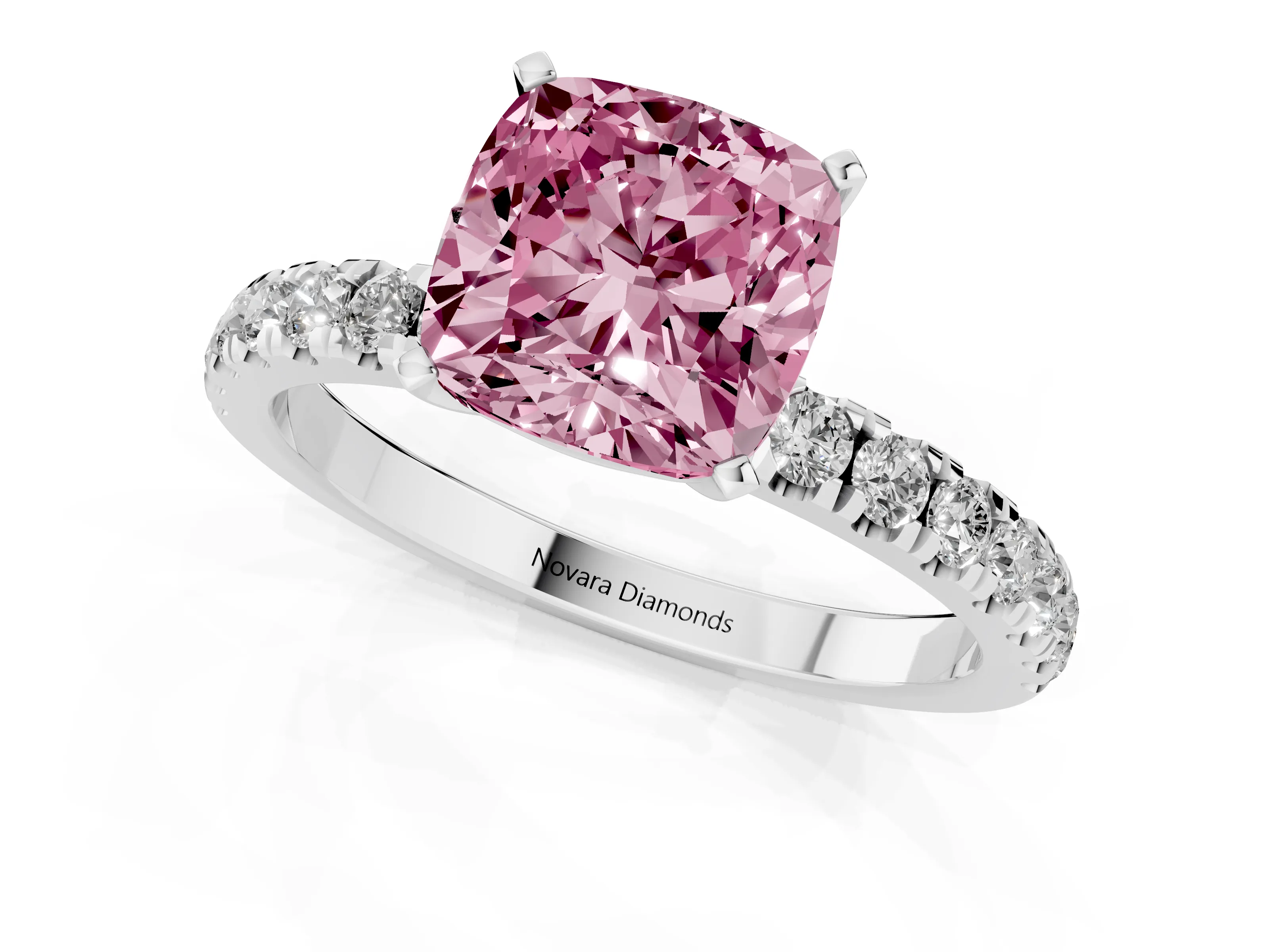 Fancy Pink Cushion Cut Diamond Solitaire Ring Set in Silver with Pavé Accents and Prong Setting