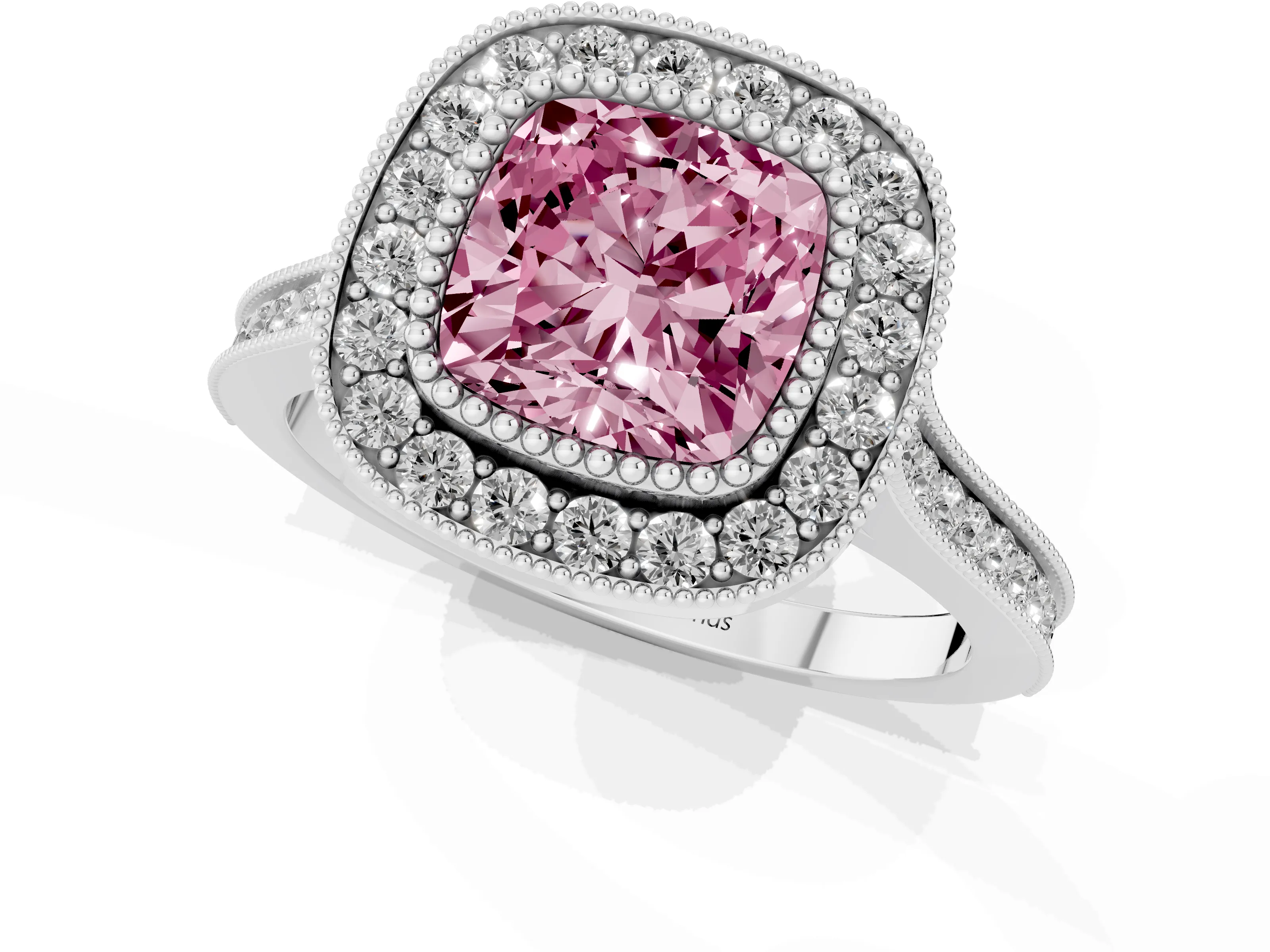 Fancy Pink Cushion Cut Diamond Halo Ring Set in White gold with Milgrain Frame and Pavé Band