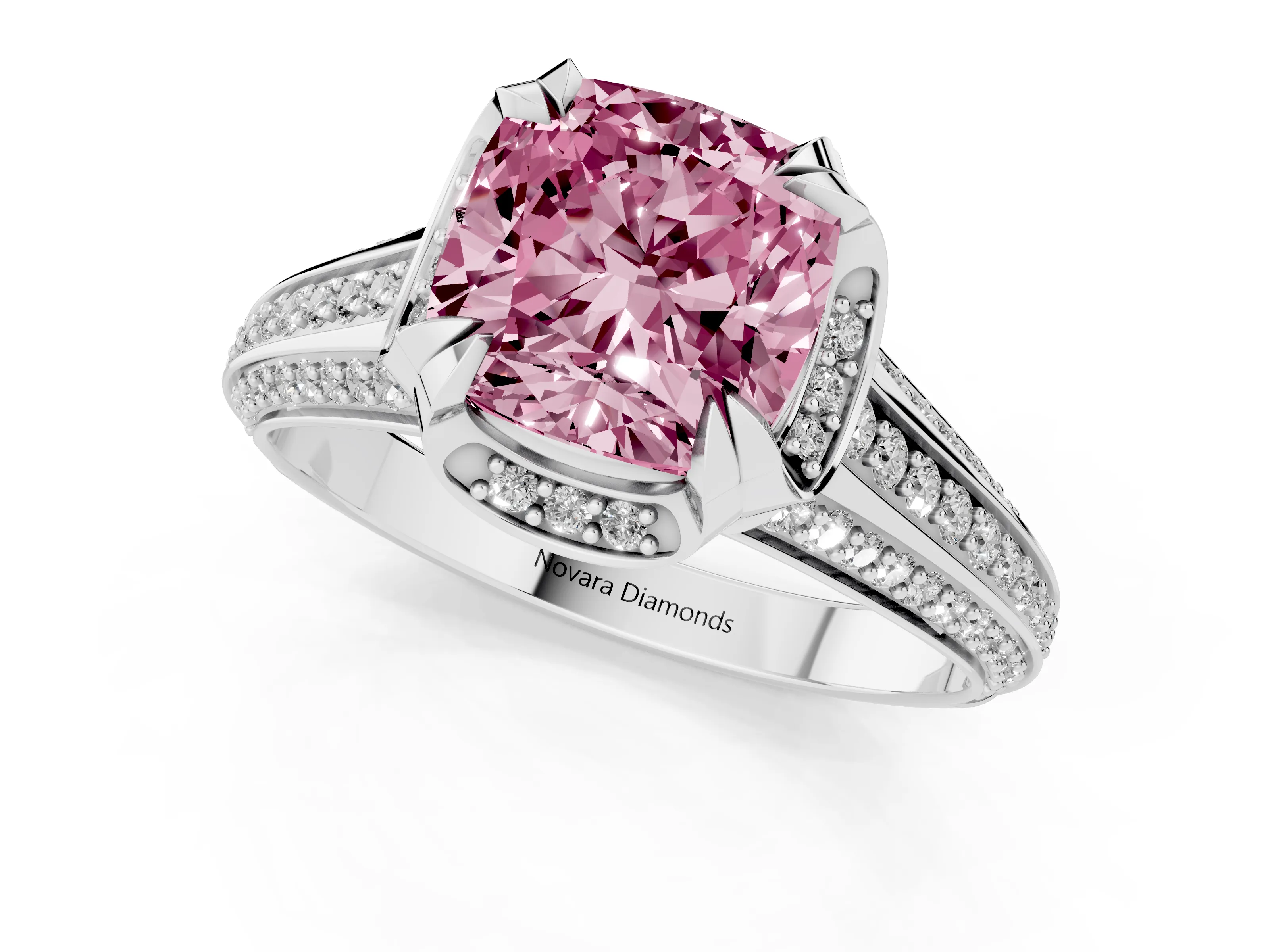Fancy Pink Cushion Cut Diamond Pavé Split Shank Solitaire Ring Set in Platinum with Prong Setting