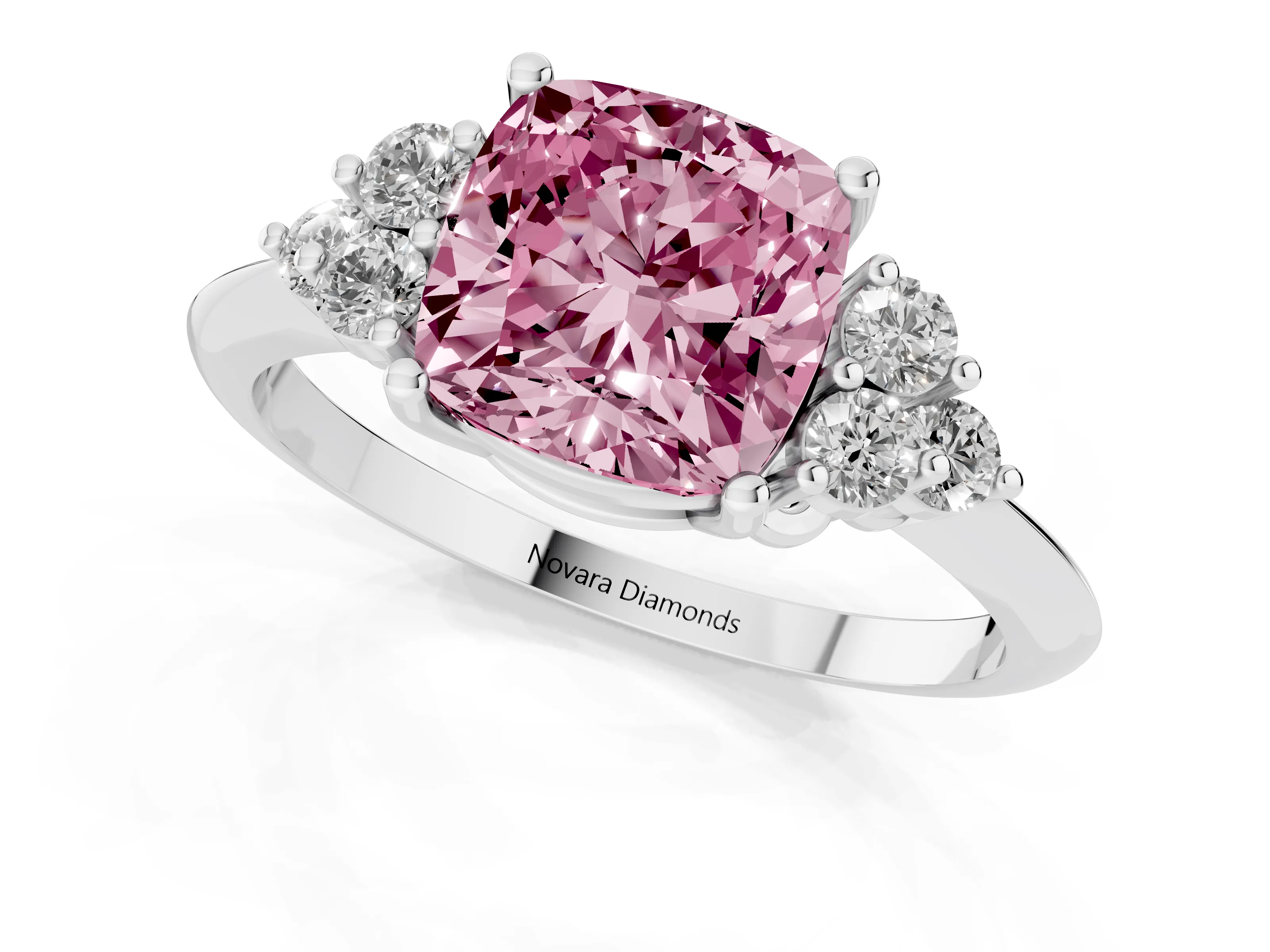 Fancy Pink Cushion Cut Diamond Cluster Ring Set in White gold with Plain Band and Prong Setting