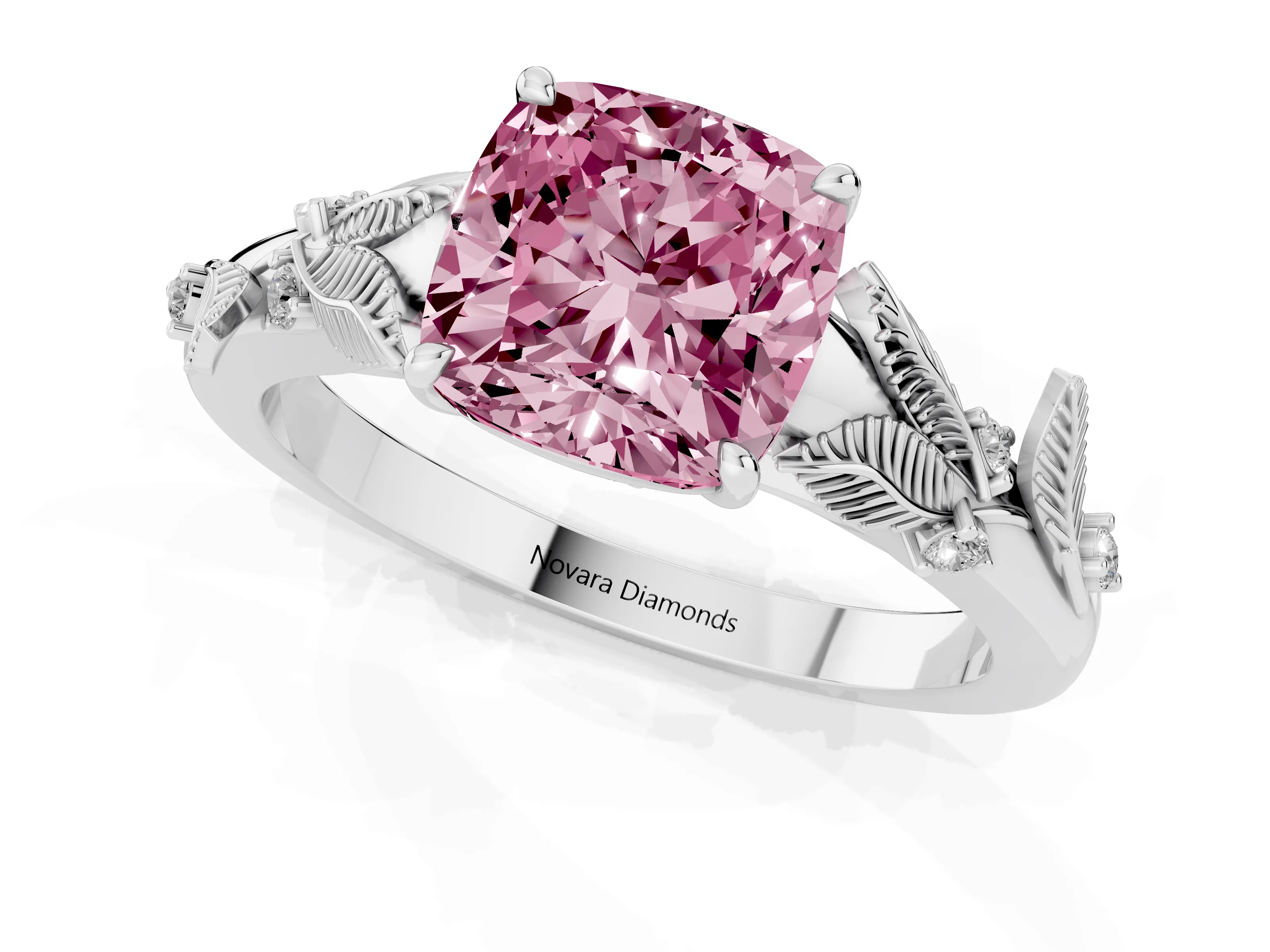 Fancy Pink Cushion Cut Diamond Solitaire Ring Set in Silver with Leaf Motif Band