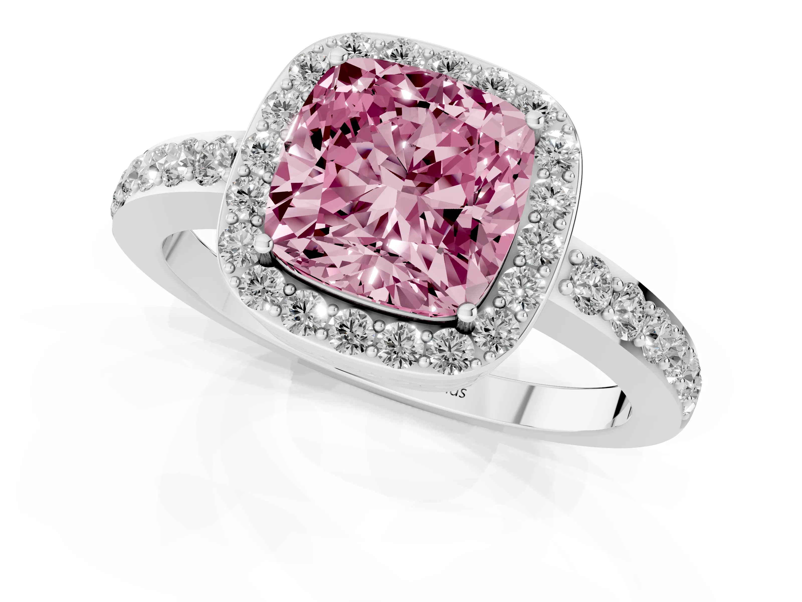 Fancy Pink Cushion Cut Diamond Halo Ring Set in White gold with Pavé-Setting Band and Open Prong Center
