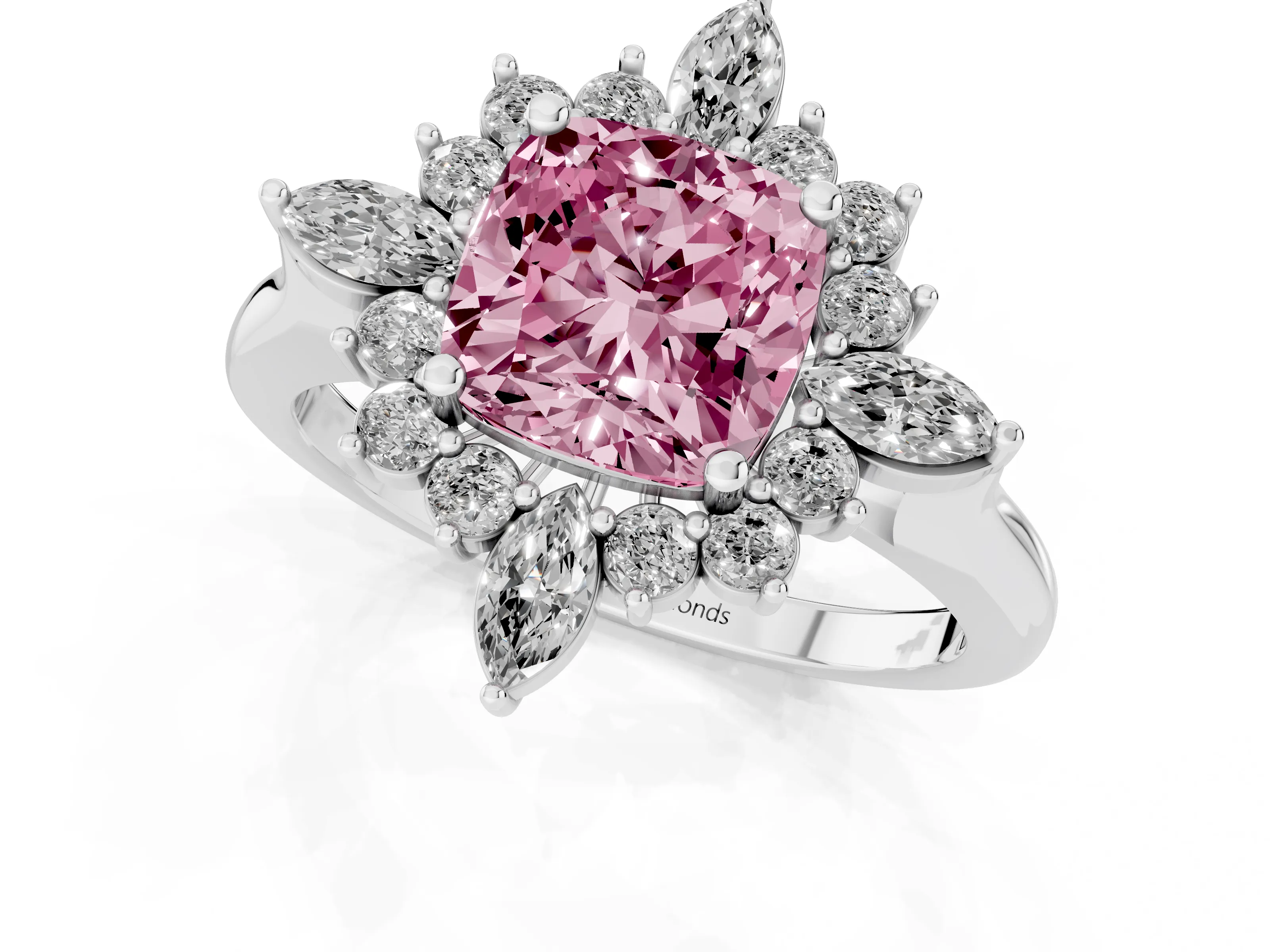 Fancy Pink Cushion Cut Diamond Cluster Halo Ring Set in White gold with Marquise and Round Accents