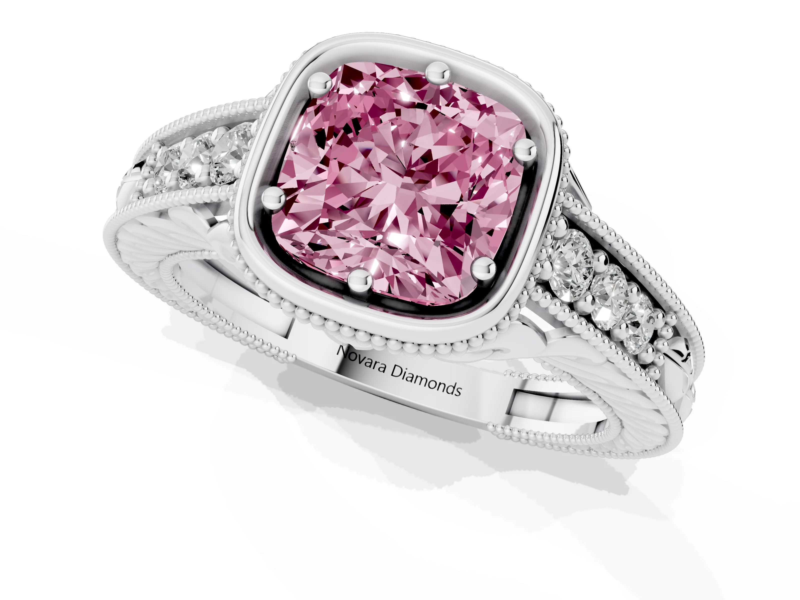 Fancy Pink Bezel Set Cushion Cut Diamond Milgrain Pavé Engagement Ring Set in Silver