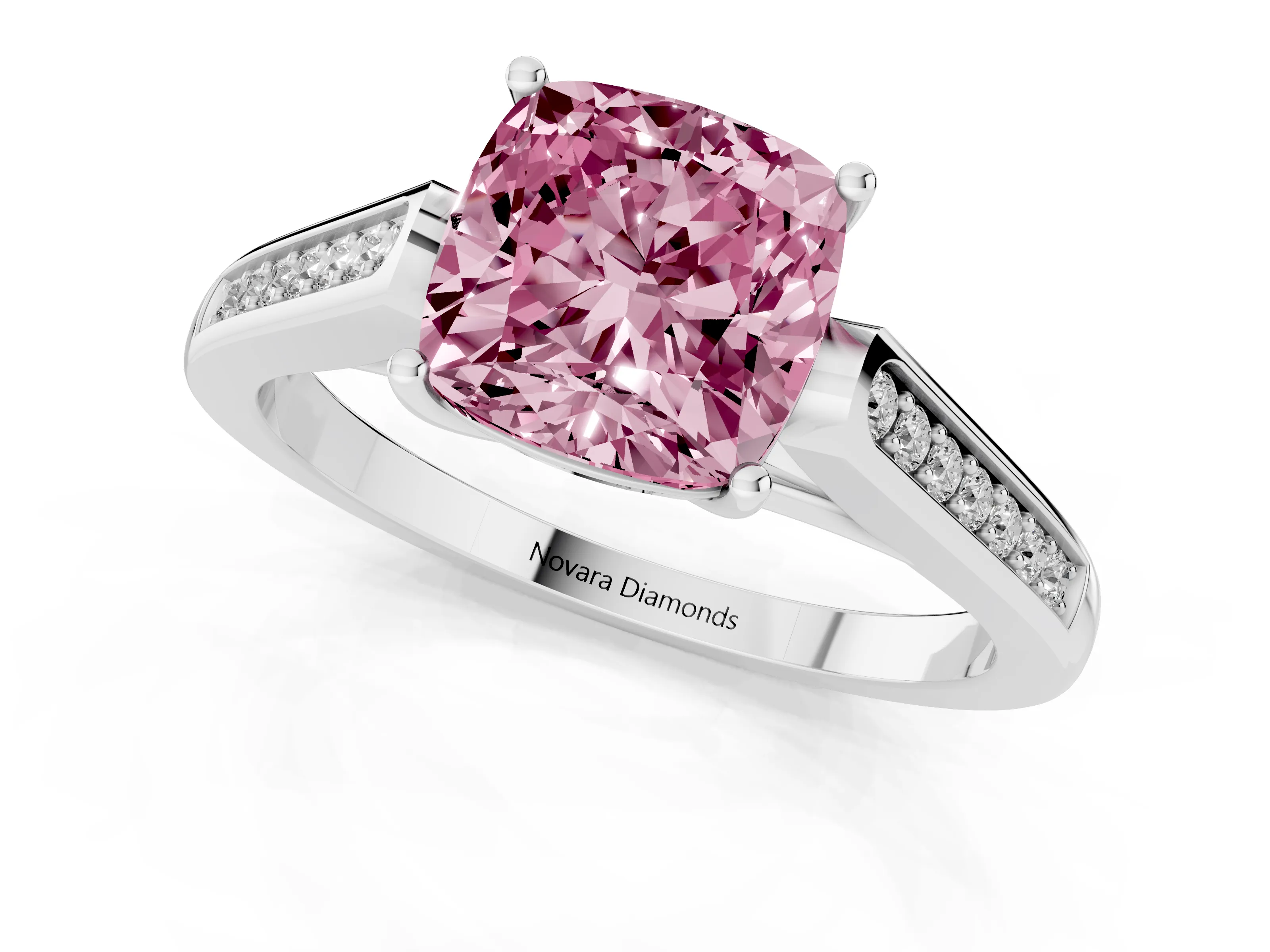 Fancy Pink Cushion Cut Diamond Solitaire Cathedral Engagement Ring Set in White gold with Channel-Set Band and Prong Setting