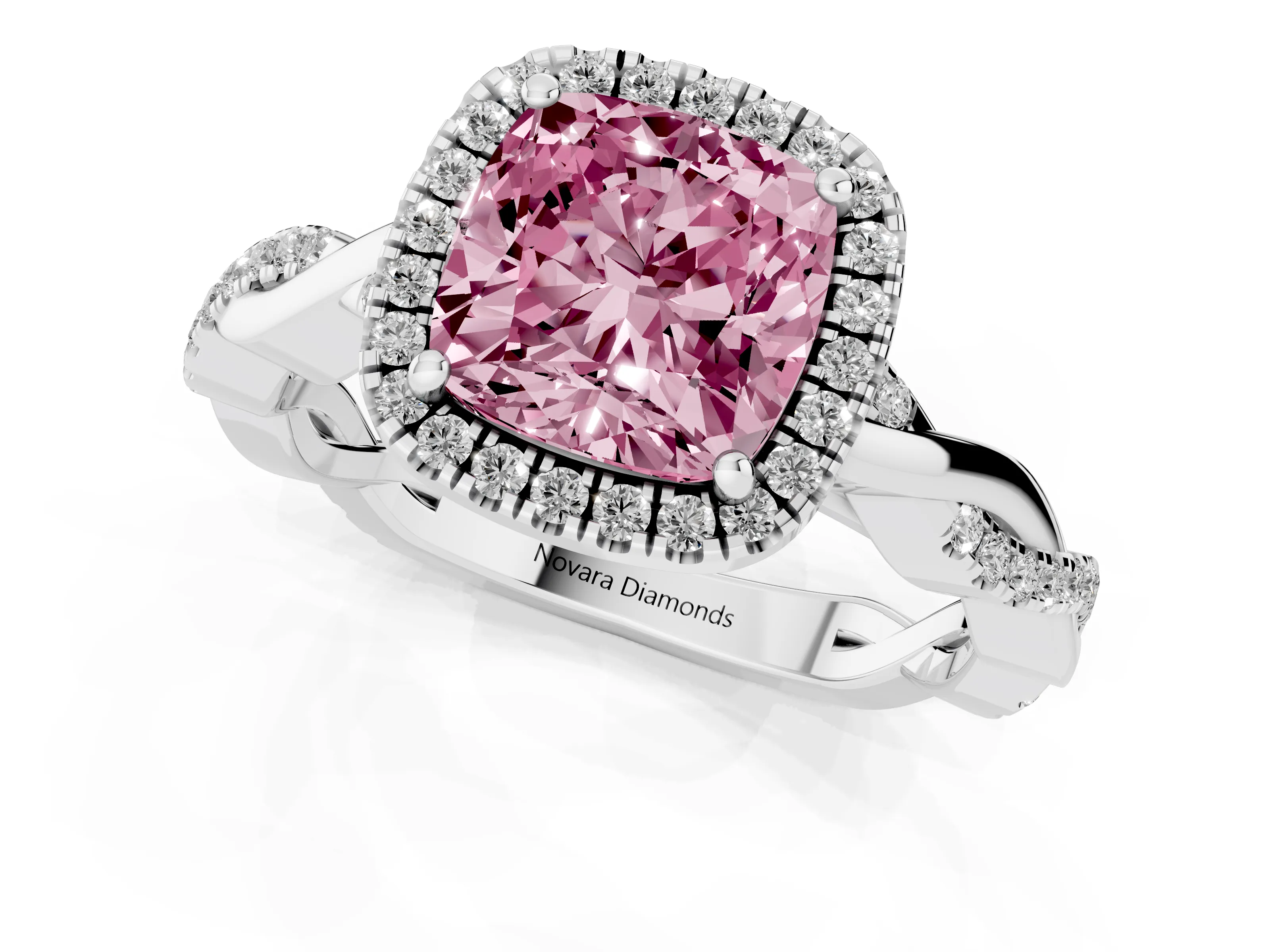 Fancy Pink Cushion Cut Diamond Halo Twisted Band Ring Set in Platinum with Prong Setting