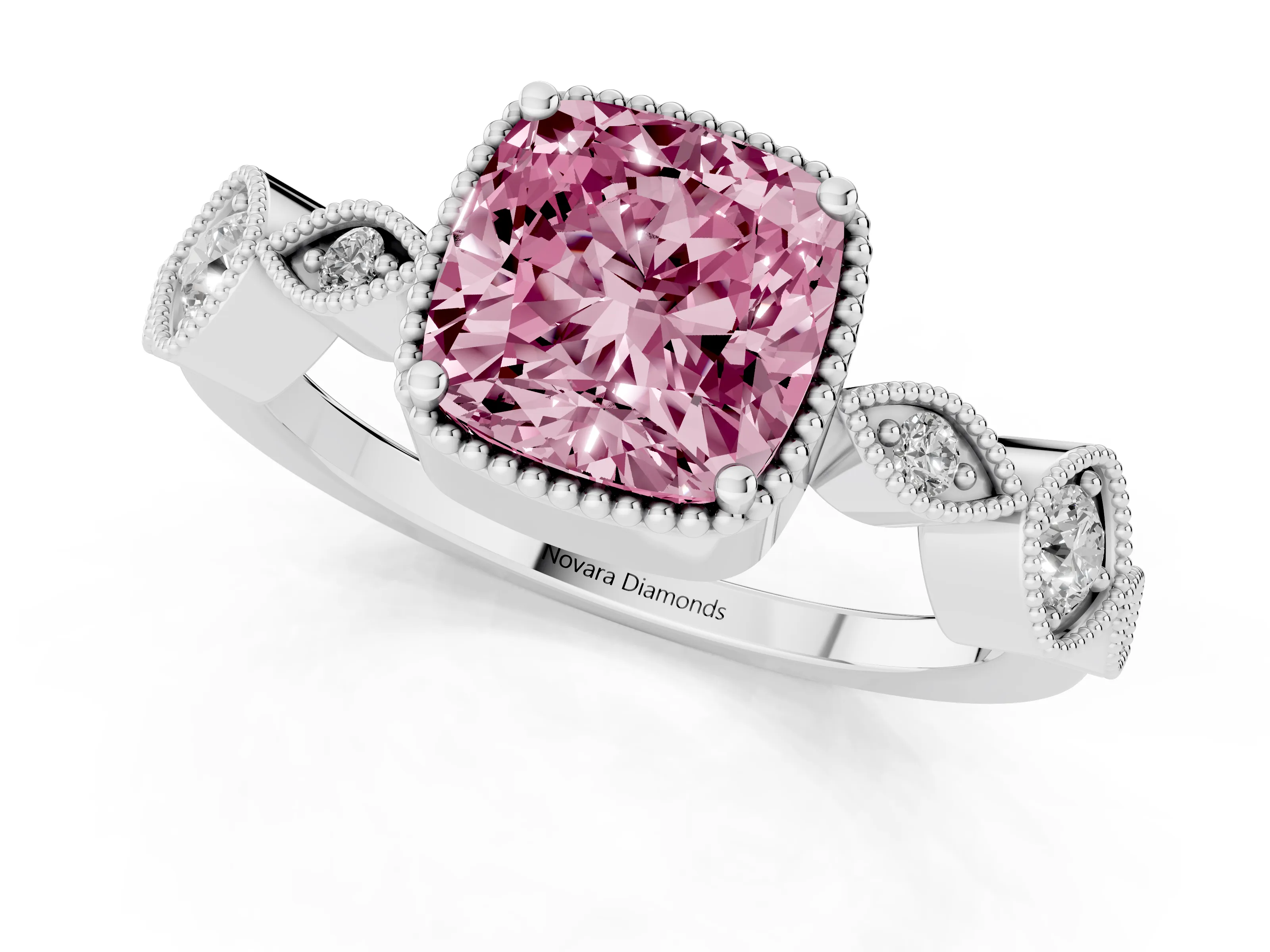 Fancy Pink Cushion Cut Diamond Vintage-Inspired Milgrain Ring Set in White gold with Marquise Stations of Round Accents