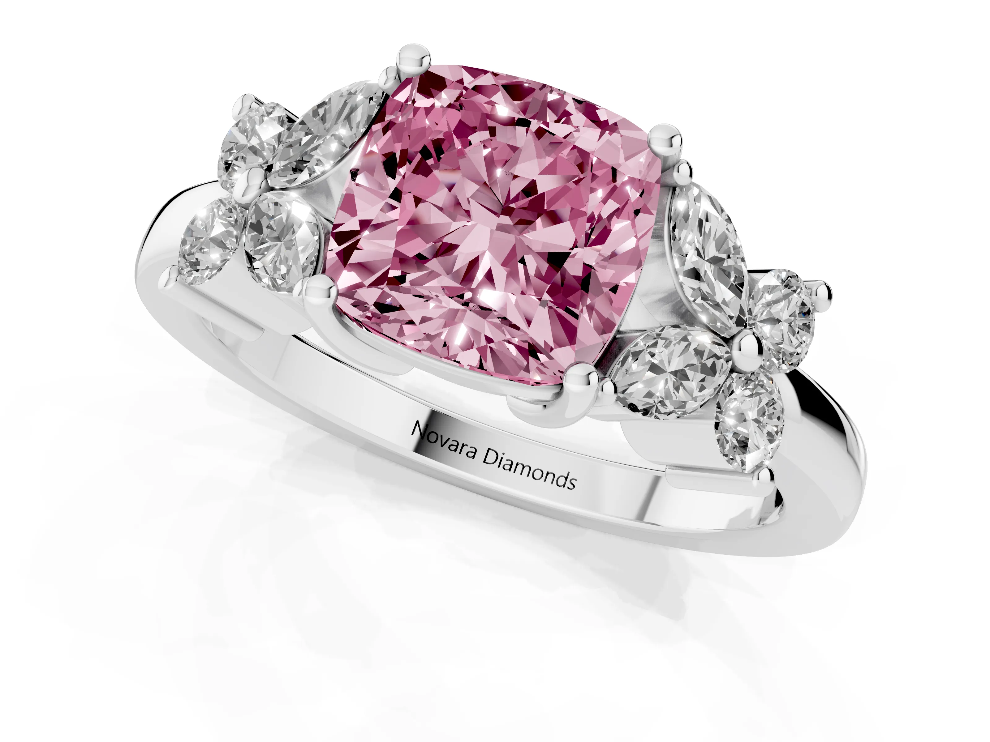 Fancy Pink Cushion Cut Diamond Floral Cluster Ring Set in Silver with Marquise Petals and Prong Setting