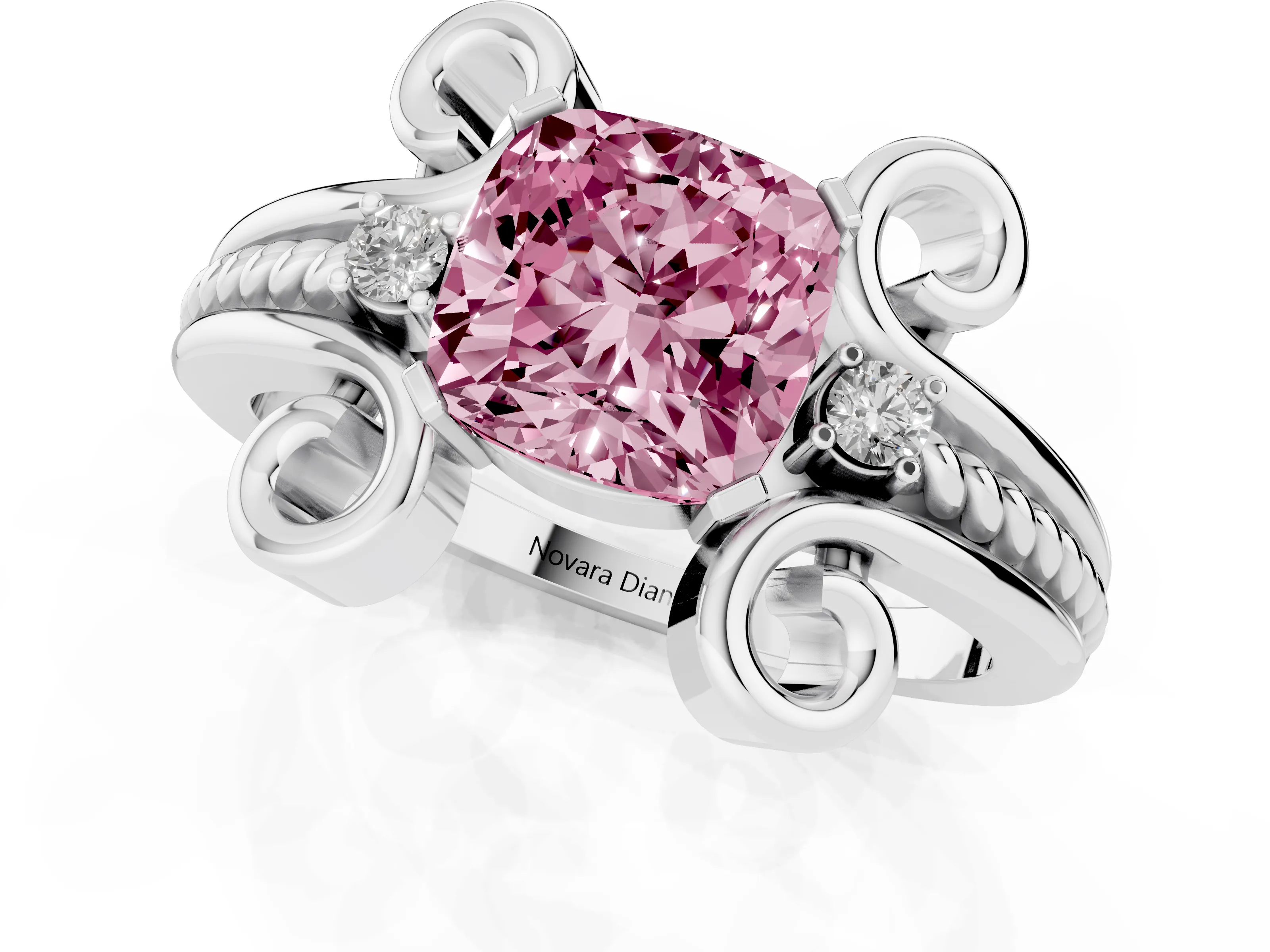 Fancy Pink Cushion Cut Diamond Twisted Band Solitaire Ring Set in White gold with Scroll Prongs