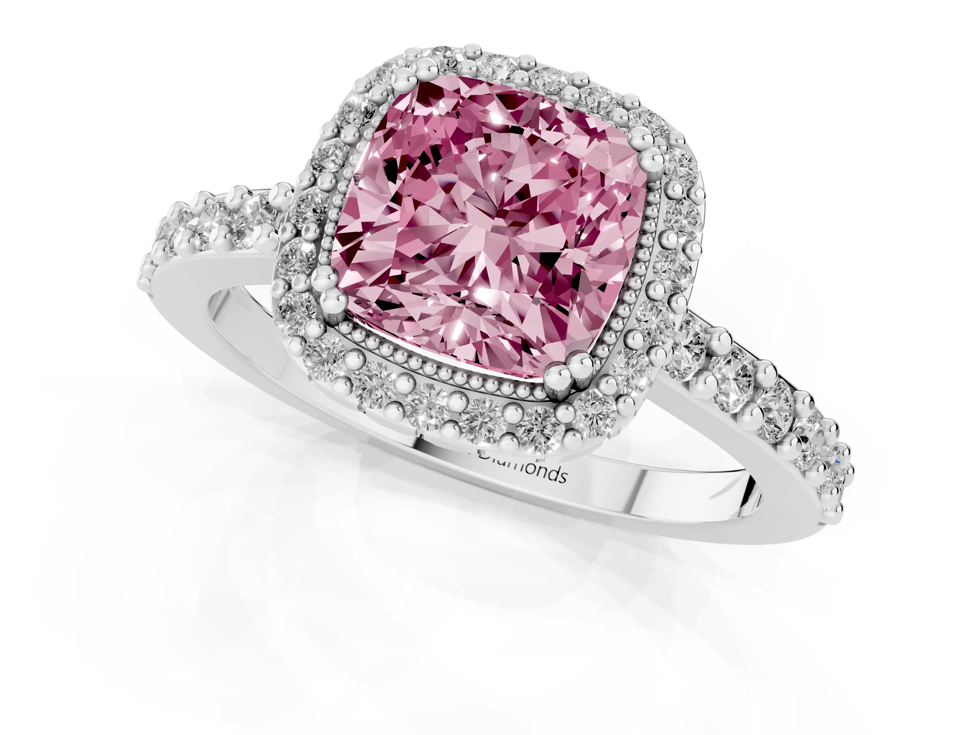 Fancy Pink Cushion Cut Diamond Halo Engagement Ring Set in Platinum with Milgrain Detail and Pavé Band