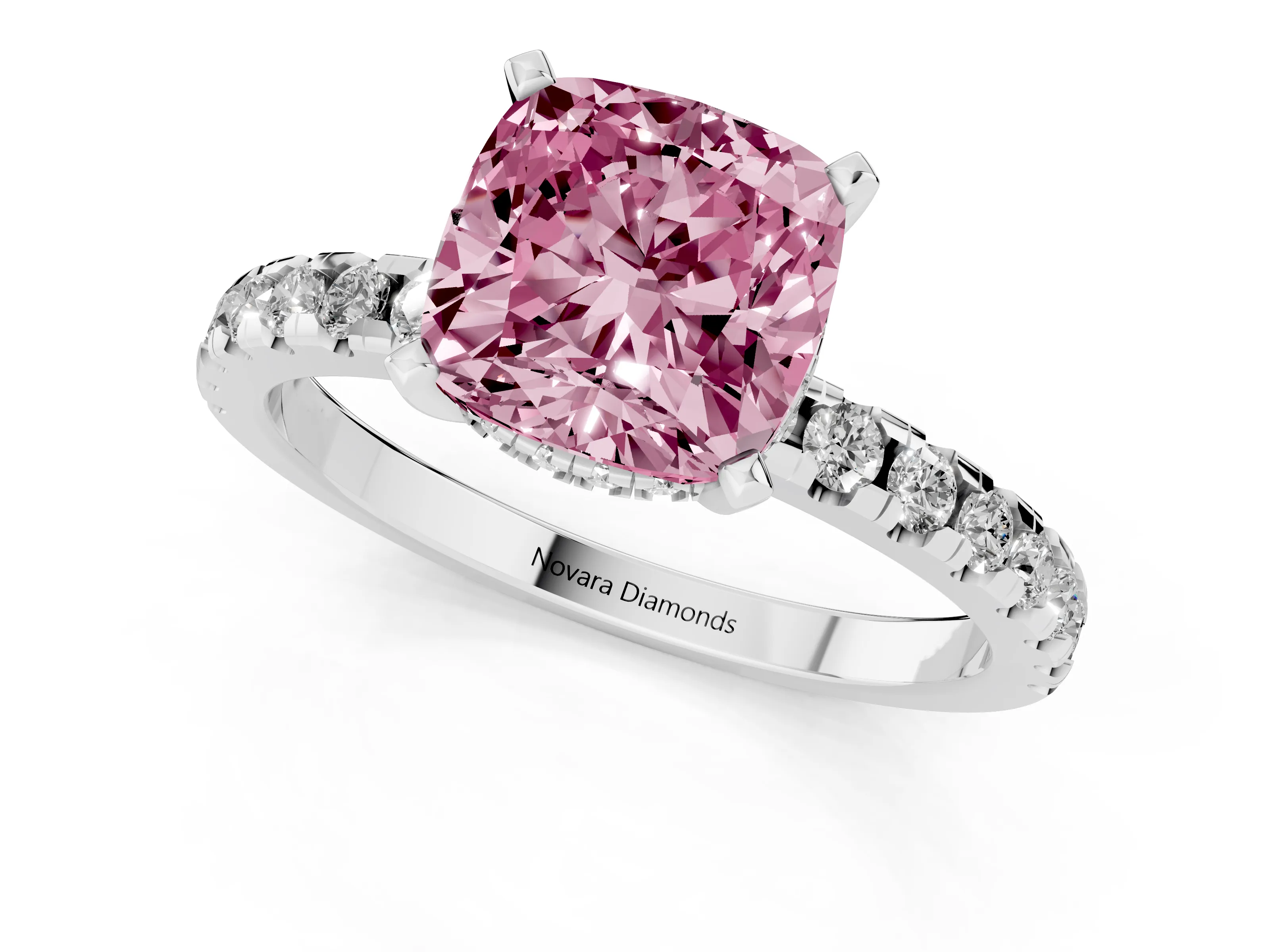 Fancy Pink Cushion Cut Diamond Pavé Solitaire Ring Set in White gold with Round Band Accents and Prong Setting