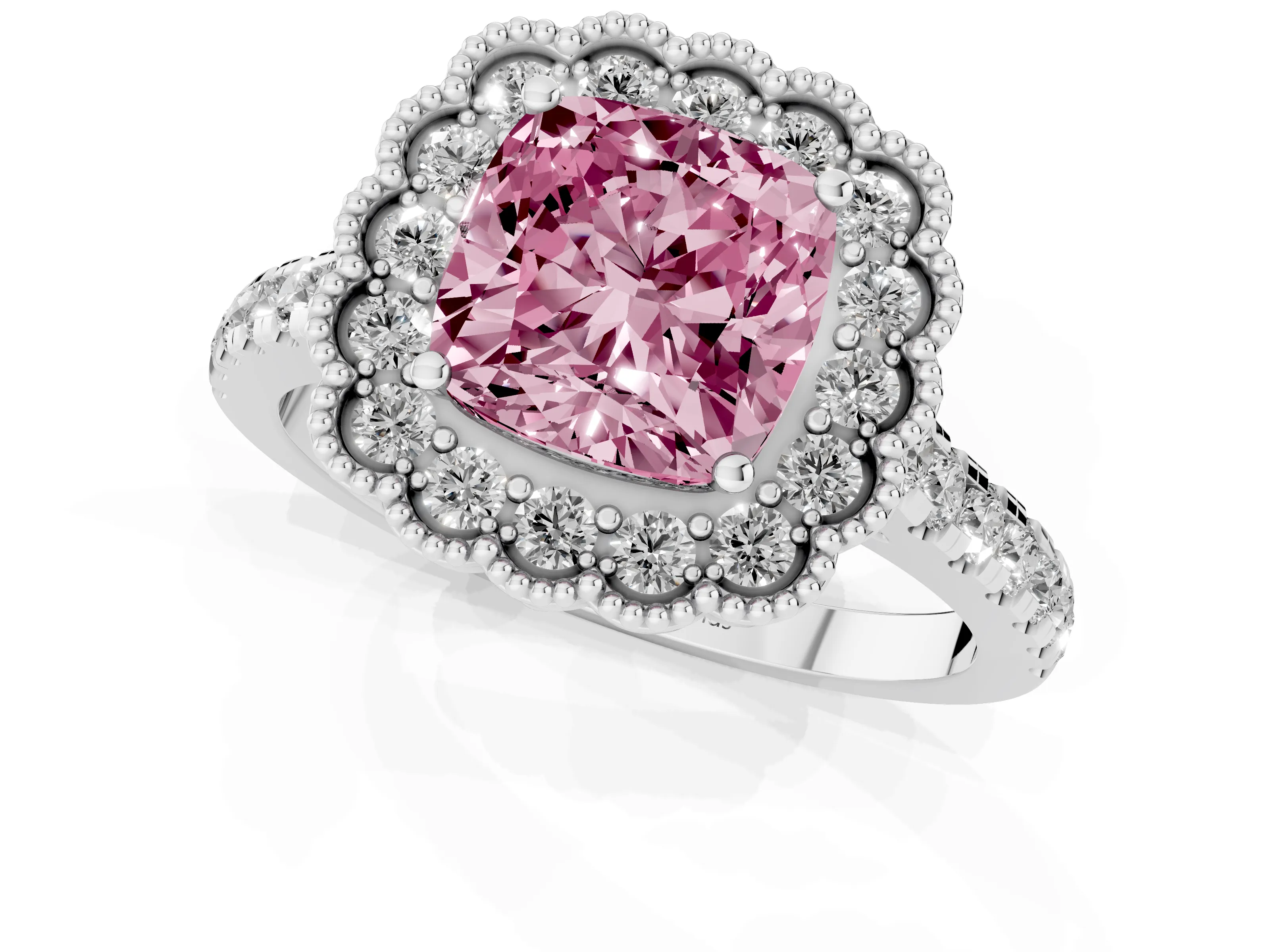 Fancy Pink Cushion Cut Diamond Milgrain Floral Halo Engagement Ring Set in White gold with Pavé Band