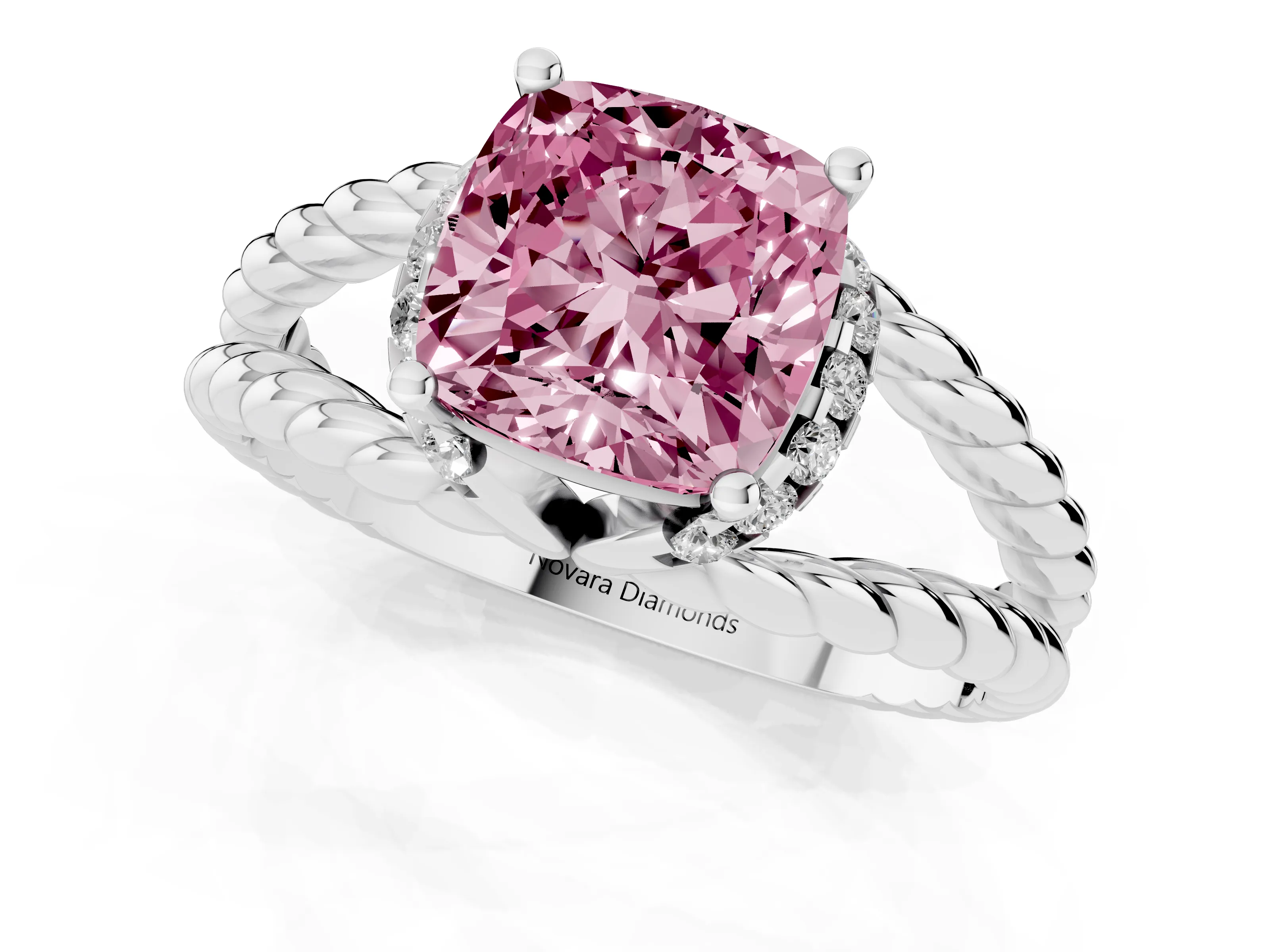 Fancy Pink Cushion Cut Diamond Halo Ring Set in White gold with Twisted Band and Prong Setting