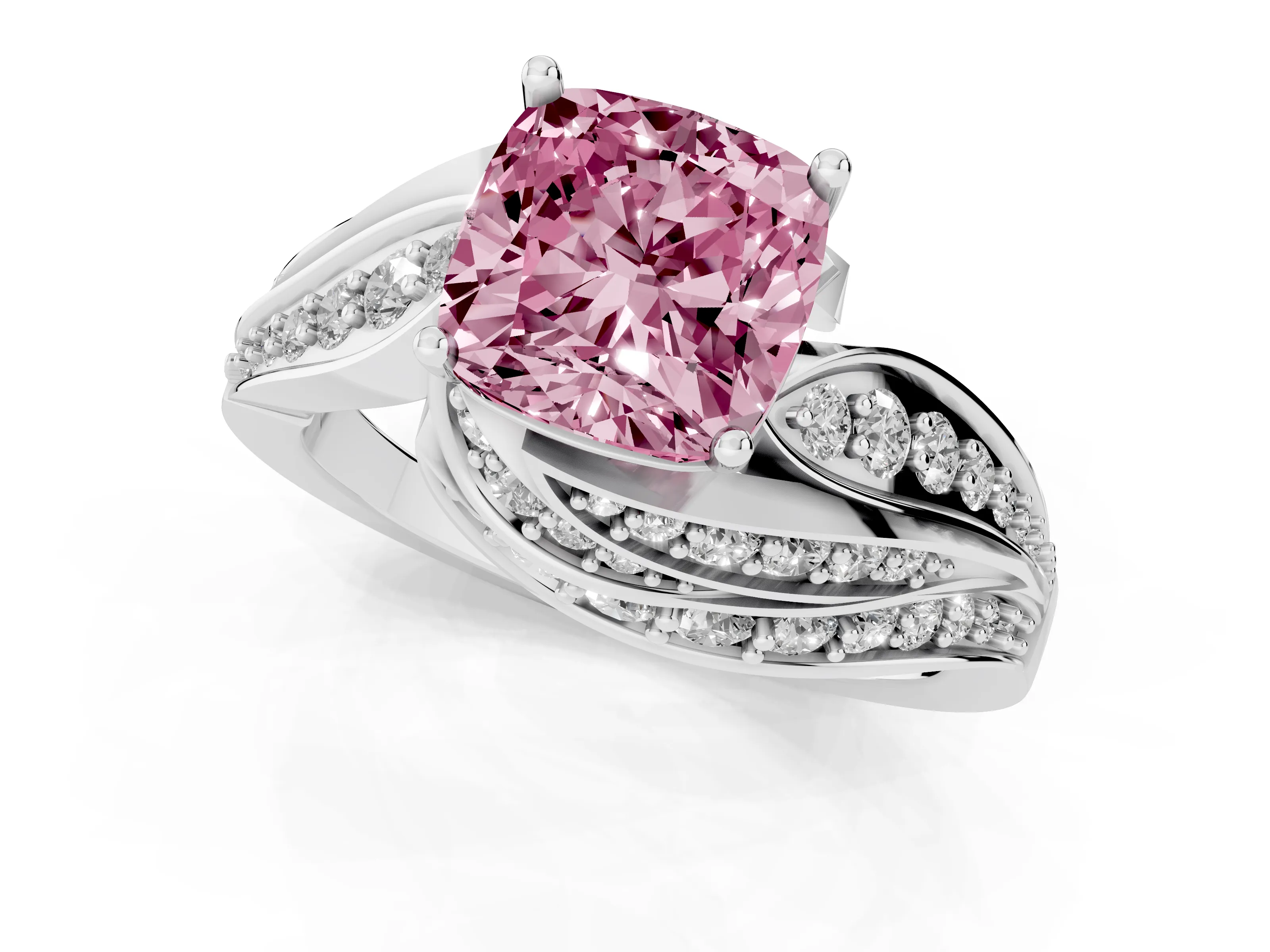 Fancy Pink Cushion Cut Diamond Solitaire Ring Set in White gold with Layered Twist Pavé Band