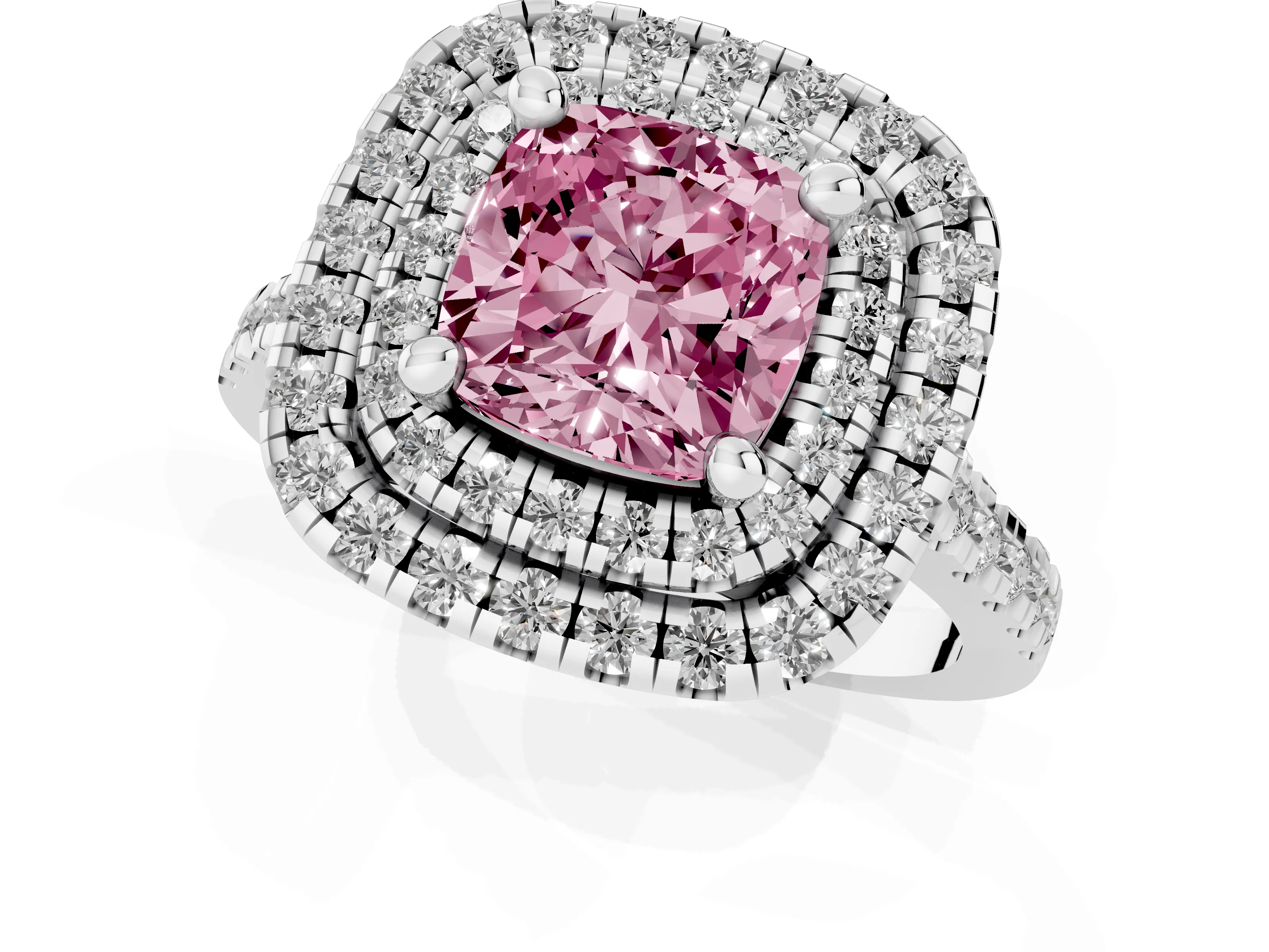 Fancy Pink Cushion Cut Diamond Double Halo Statement Ring Set in Platinum with Pavé Band