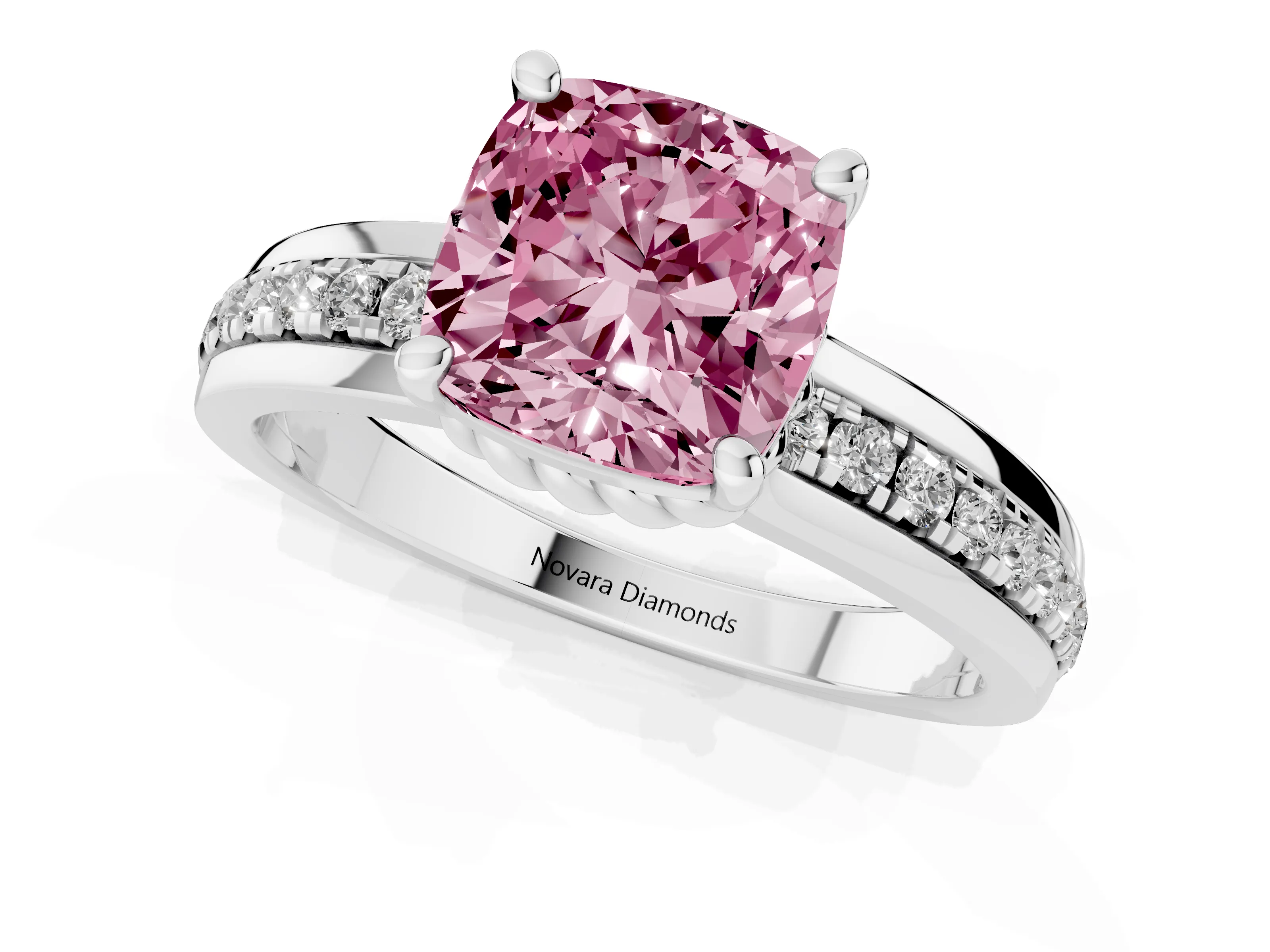 Fancy Pink Cushion Cut Diamond Solitaire Ring Set in Silver with Channel Set Band and Prong Setting