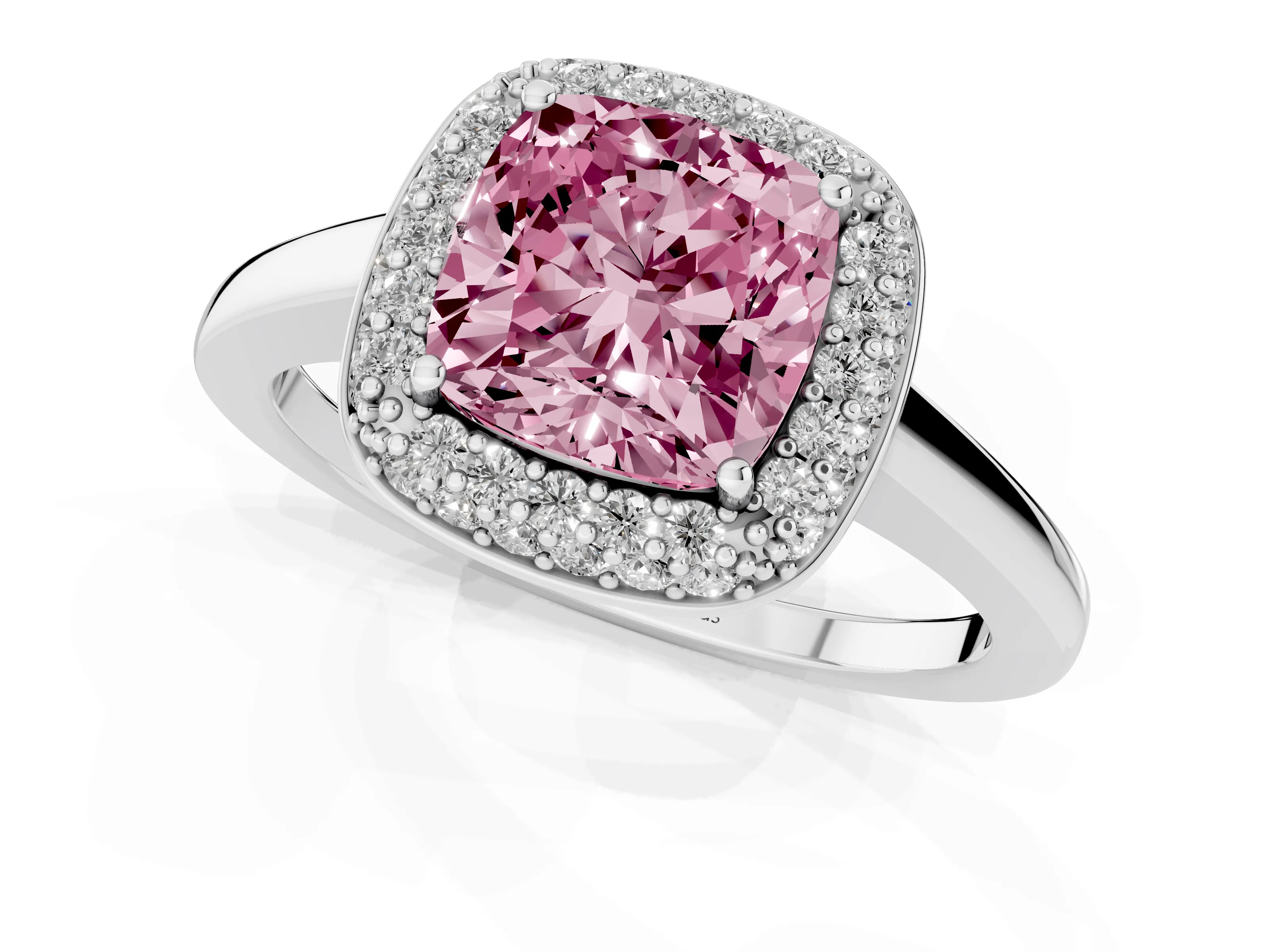 Fancy Pink Cushion Cut Diamond Halo Engagement Ring Set in Platinum with Solitaire Band and Prong Setting