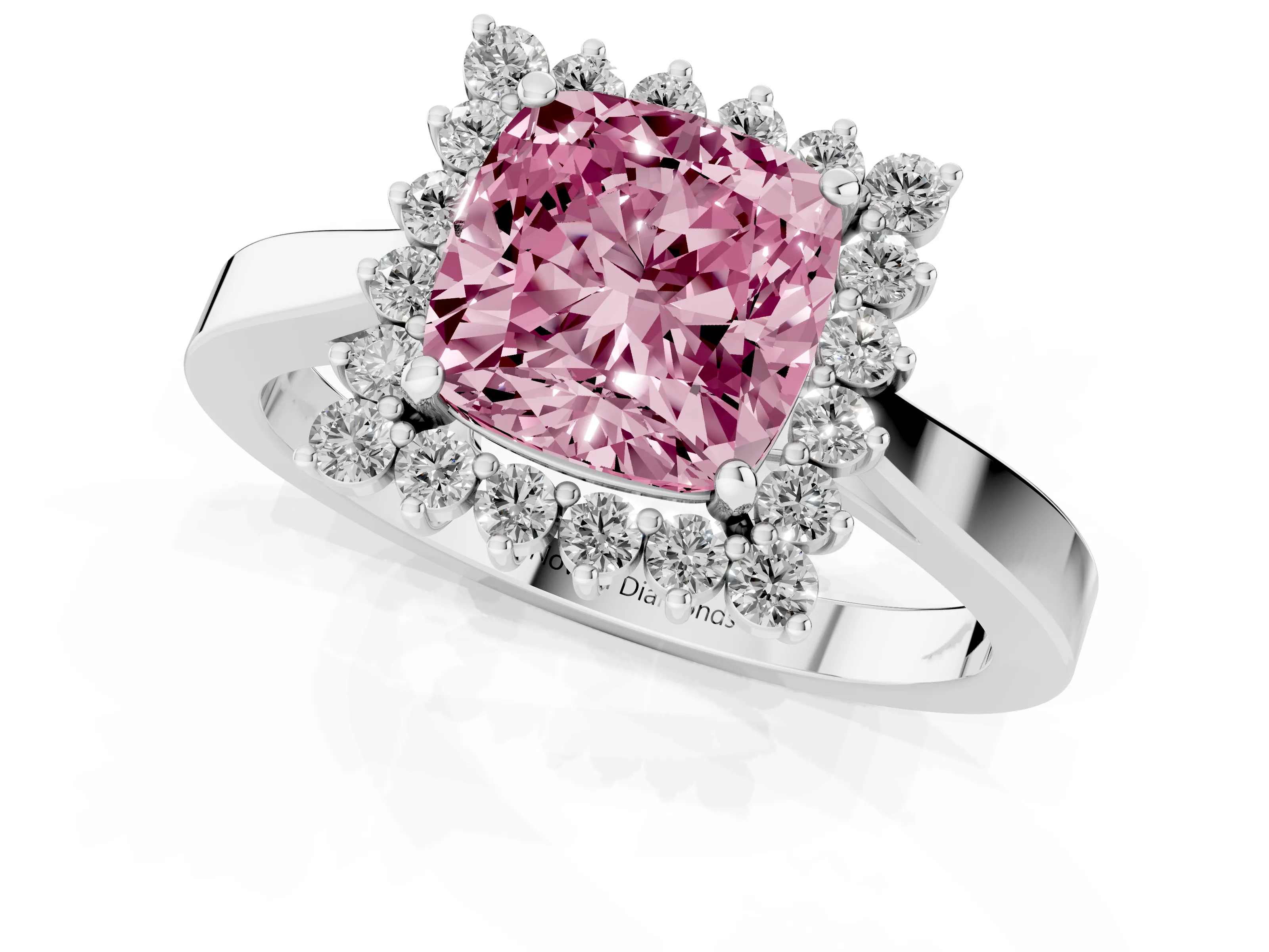 Fancy Pink Cushion Cut Diamond Halo Ring Set in White gold with Round Halo and Smooth Solitaire Band