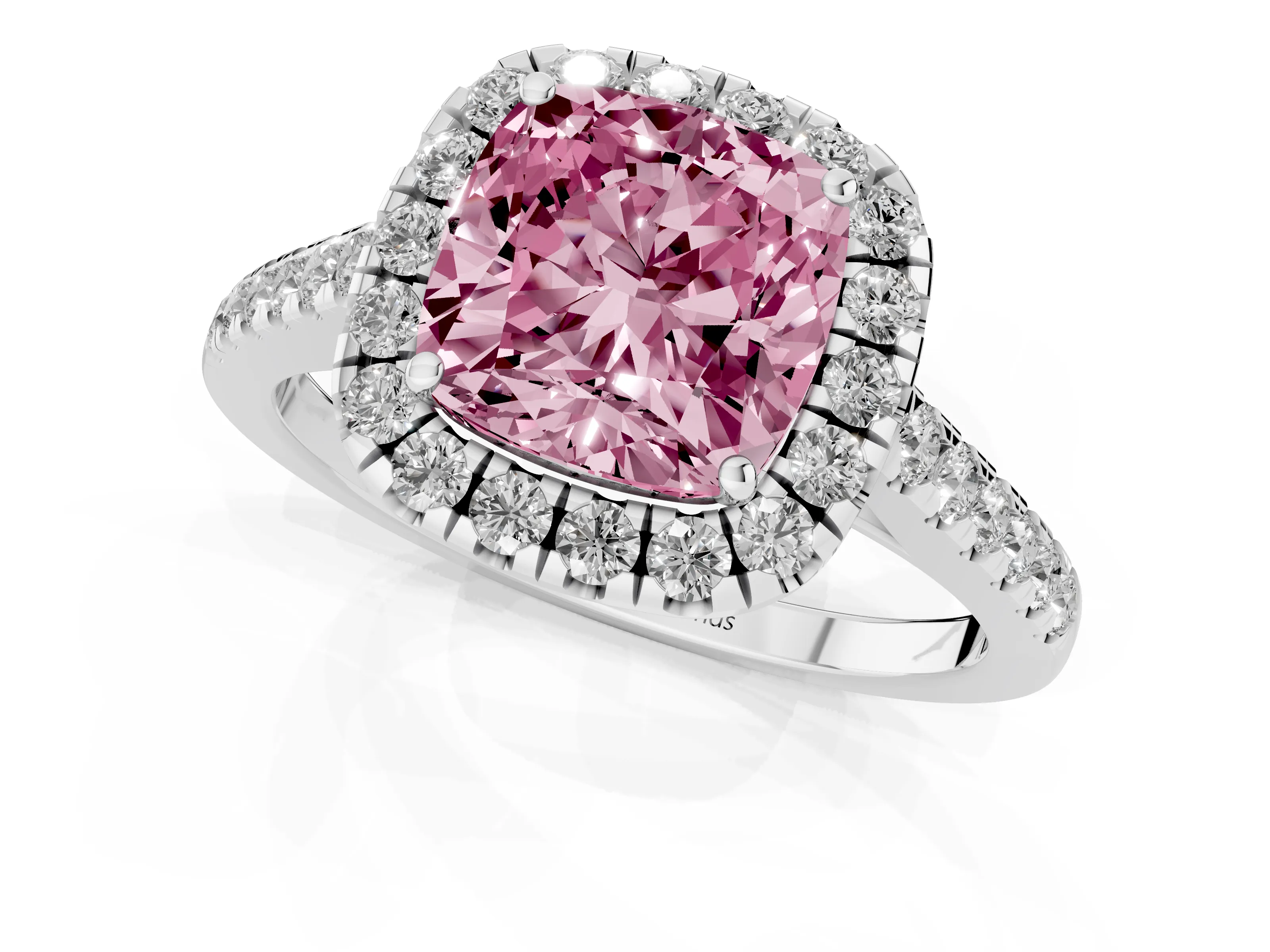 Fancy Pink Cushion Cut Diamond Halo Pavé Engagement Ring Set in White gold with Prong Setting