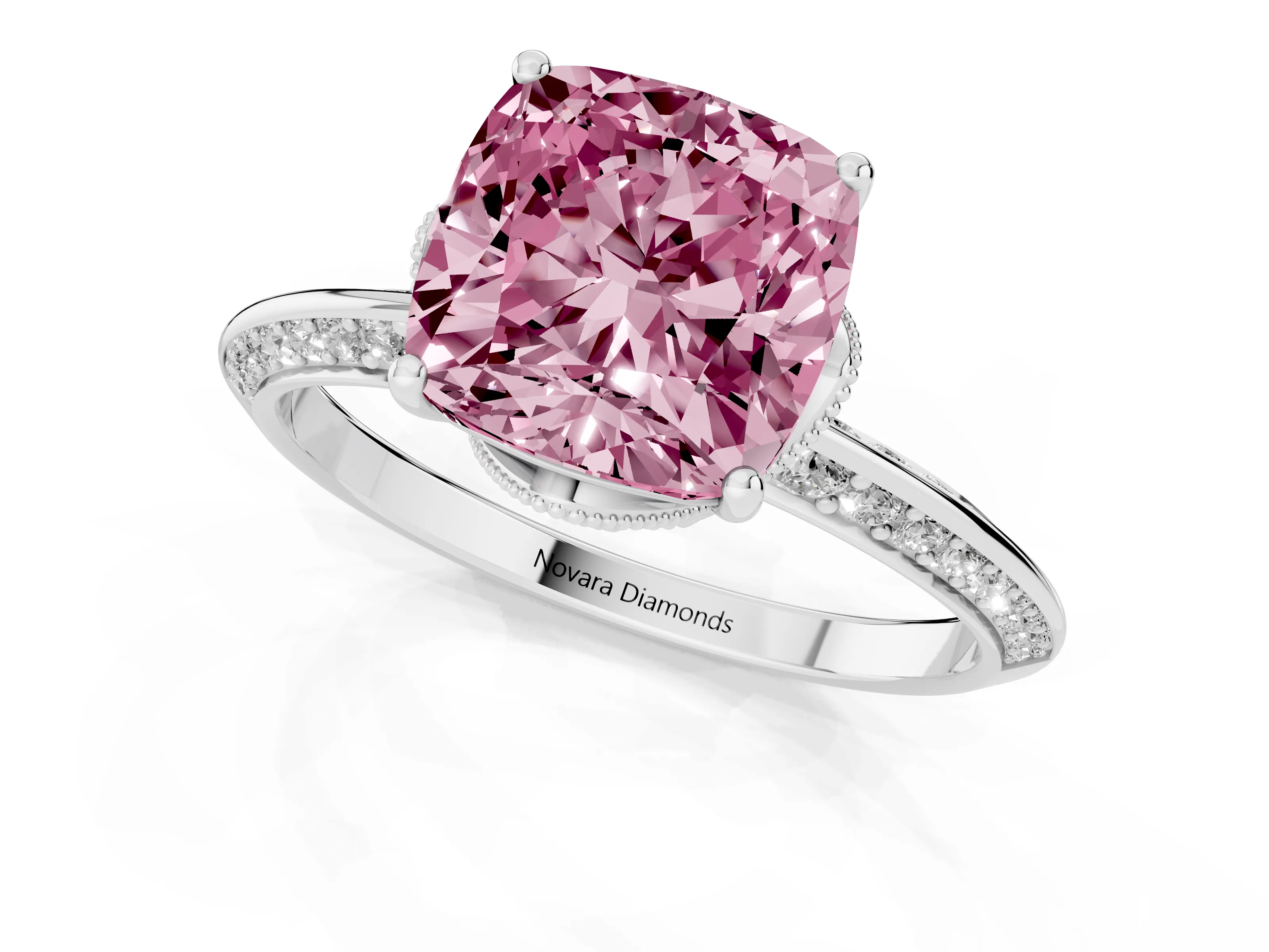 Fancy Pink Cushion Cut Diamond Solitaire Engagement Ring Set in Platinum with Pavé Split Shank and Prong Setting