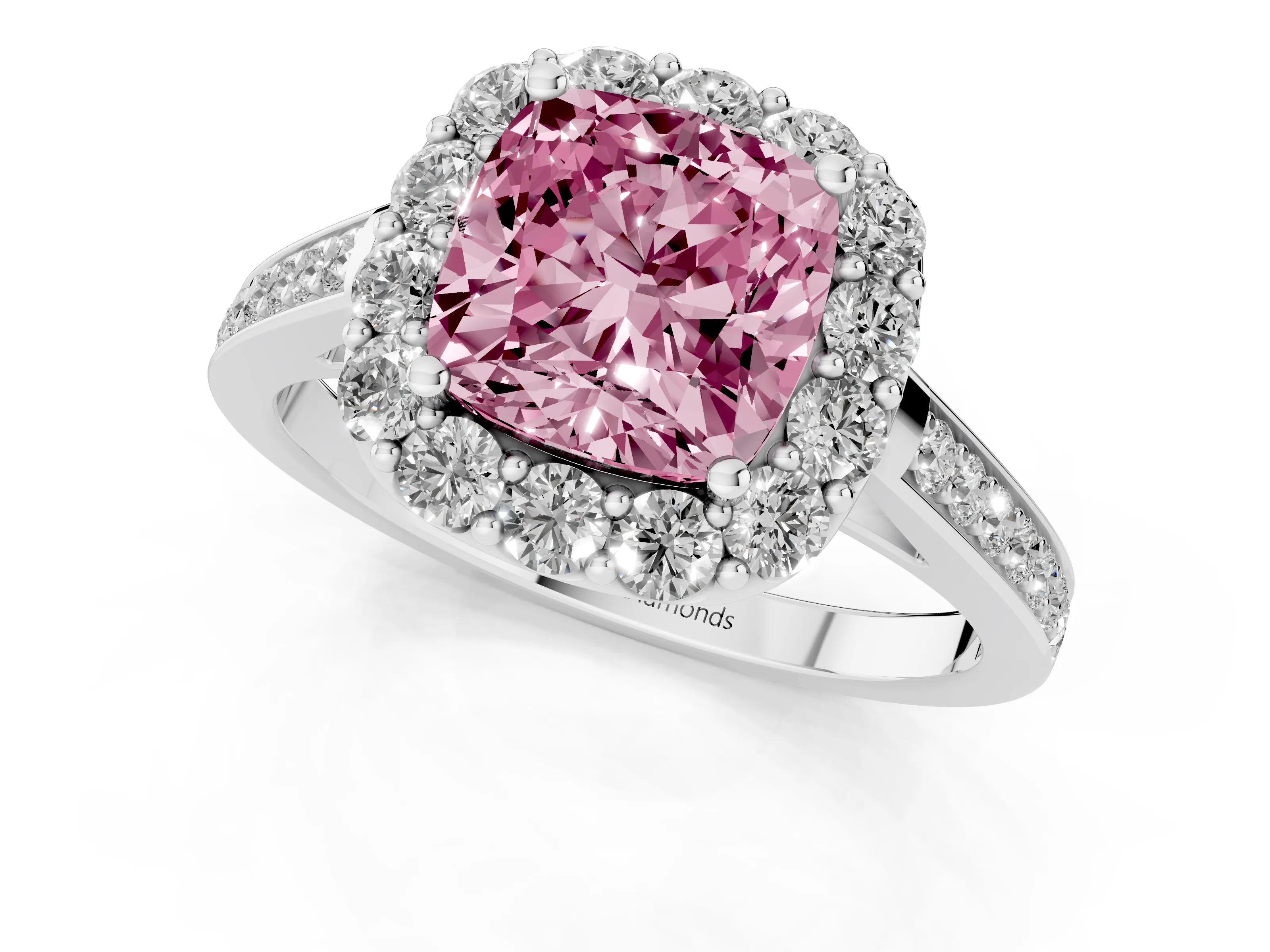 Fancy Pink Cushion Cut Diamond Floral Halo Ring Set in White gold with Pavé Band and Prong Setting