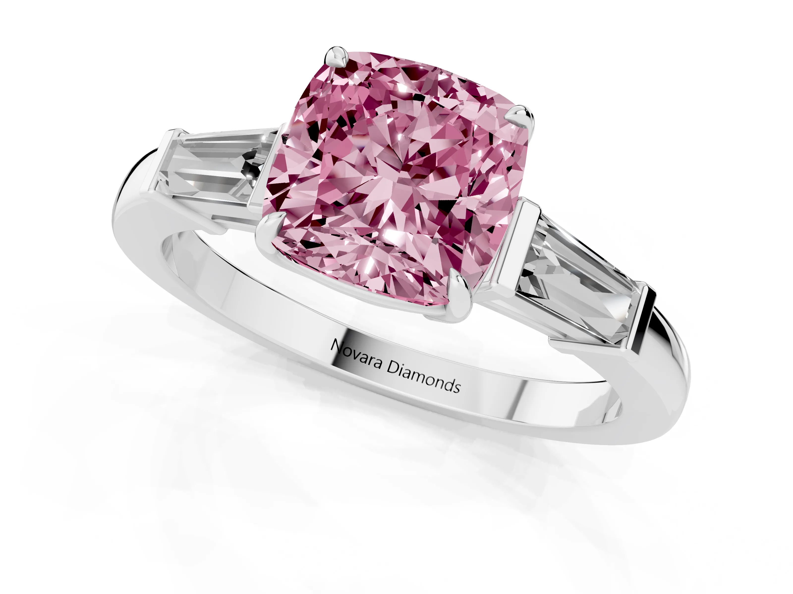 Fancy Pink Cushion Cut Diamond Three-Stone Ring Set in Platinum with Tapered Baguette Side Stones and Prong Setting