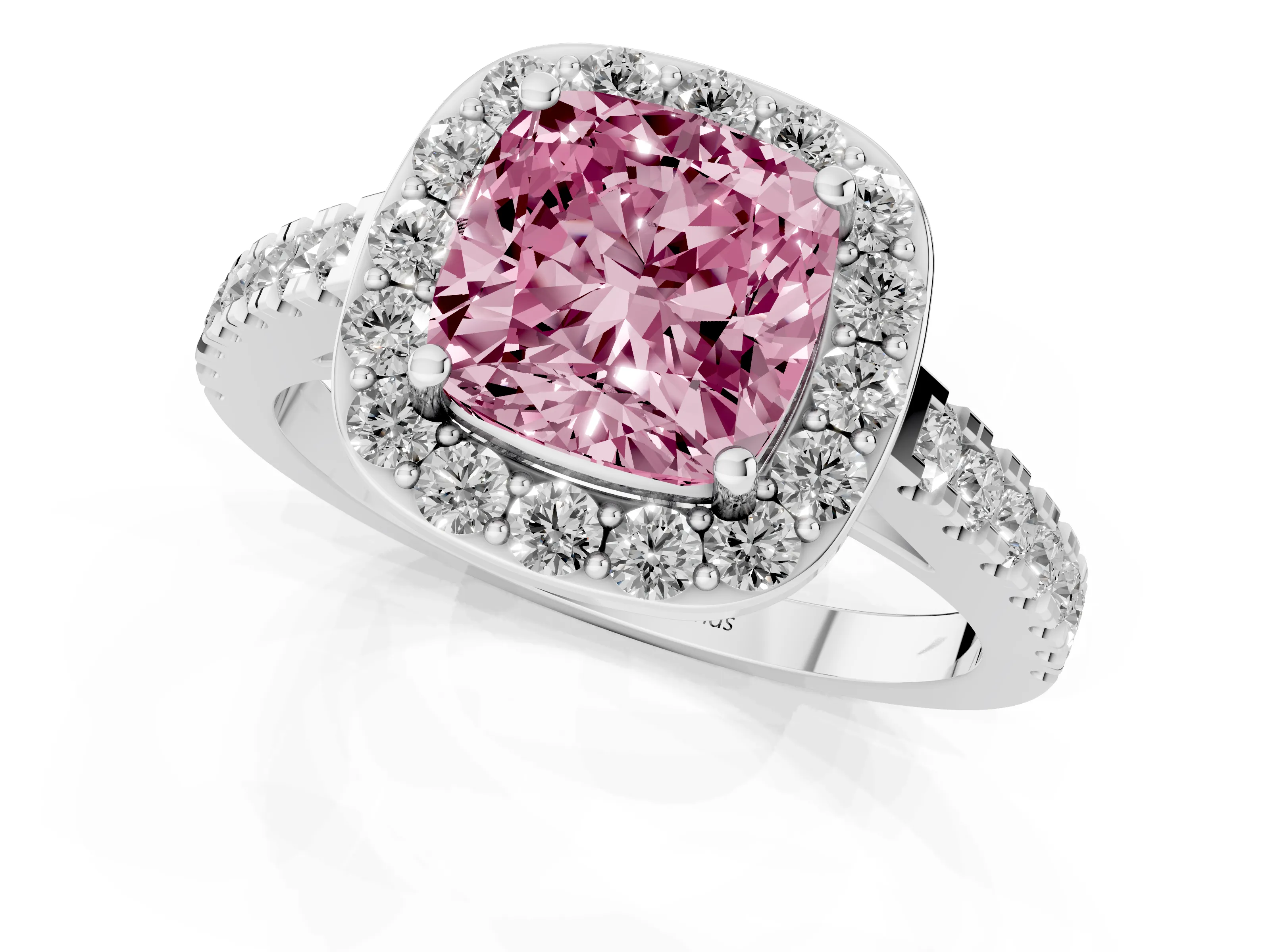 Fancy Pink Cushion Cut Diamond Halo Ring Set in Silver with Round Pavé Split Shank and Prong Setting